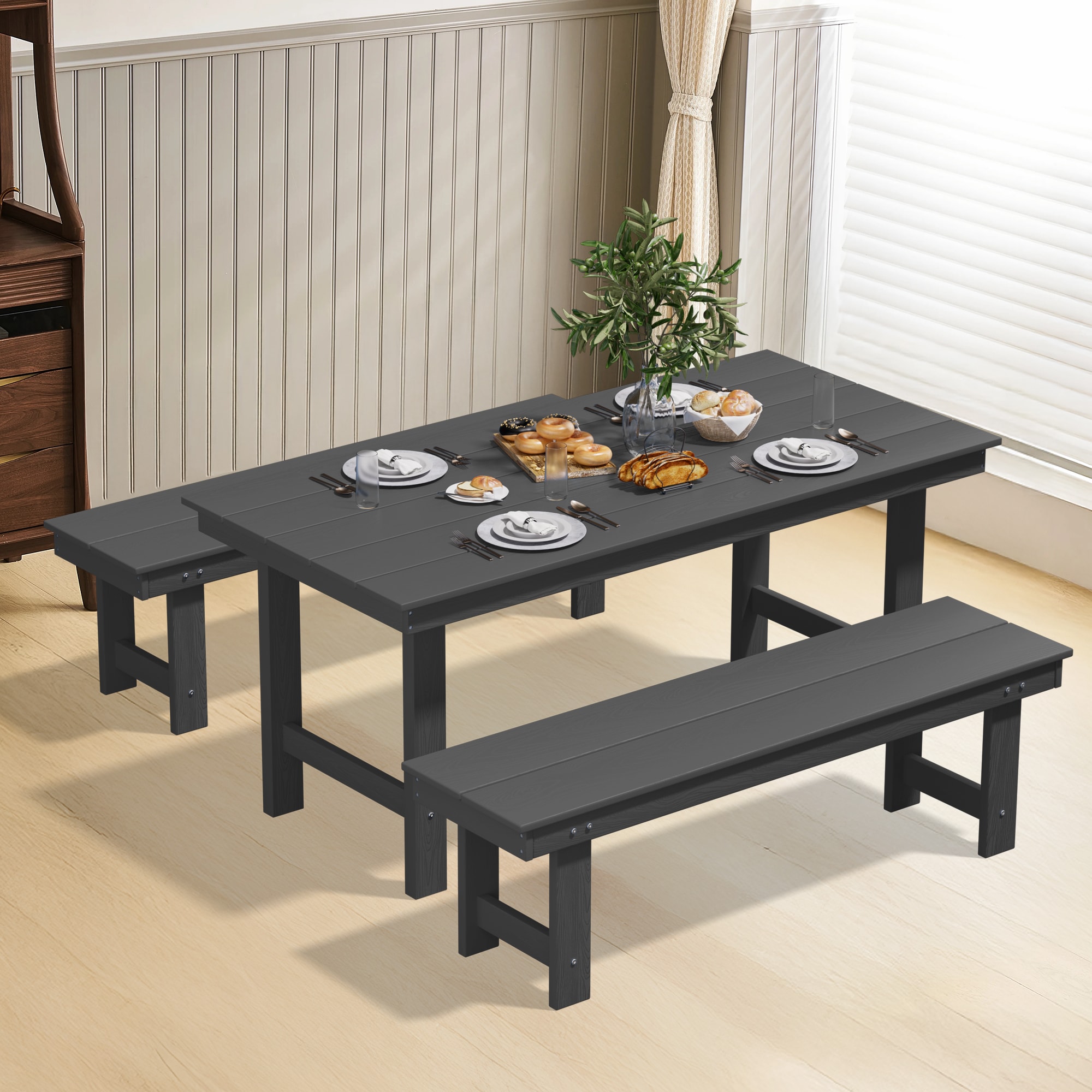 JEAREY 3-Piece Set Table with Umbrella Hole and Two 2-Person Benches 3 -Piece Gray Patio Dining Set Plastic Rectangle Table with 2 Stationary Chairs