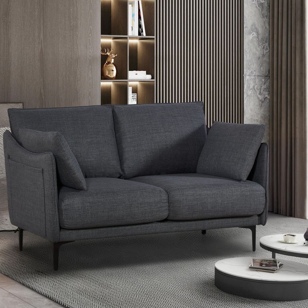GDFStudio 323492 Metal Leg 2-Seater Sofa with 2 Pillows For Primary Living Space Gray
