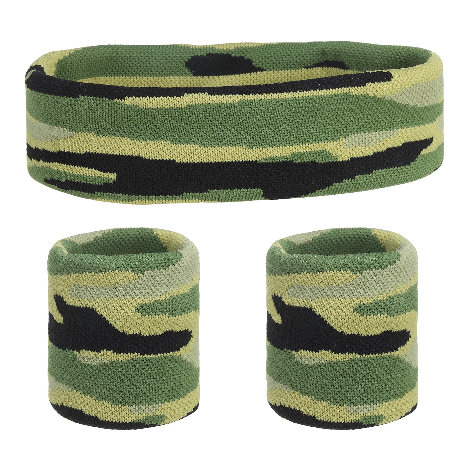 Unique Bargains Sweat Band Set Sports Terry Cloth Headband Wristband Set 8inchx2inch Moisture Wicking Sweat Absorbing Head Band for Women Men Workout Exercise (Striped Camouflage Green/Yellow)