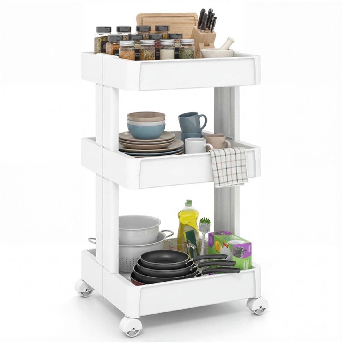 JUSHUA 3 -Tier DIY Rolling Storage Cart15 1/2Inches x 14 1/2Inches x 30Inches with Detachable Ventilated Trays for Kitchen Bathroom