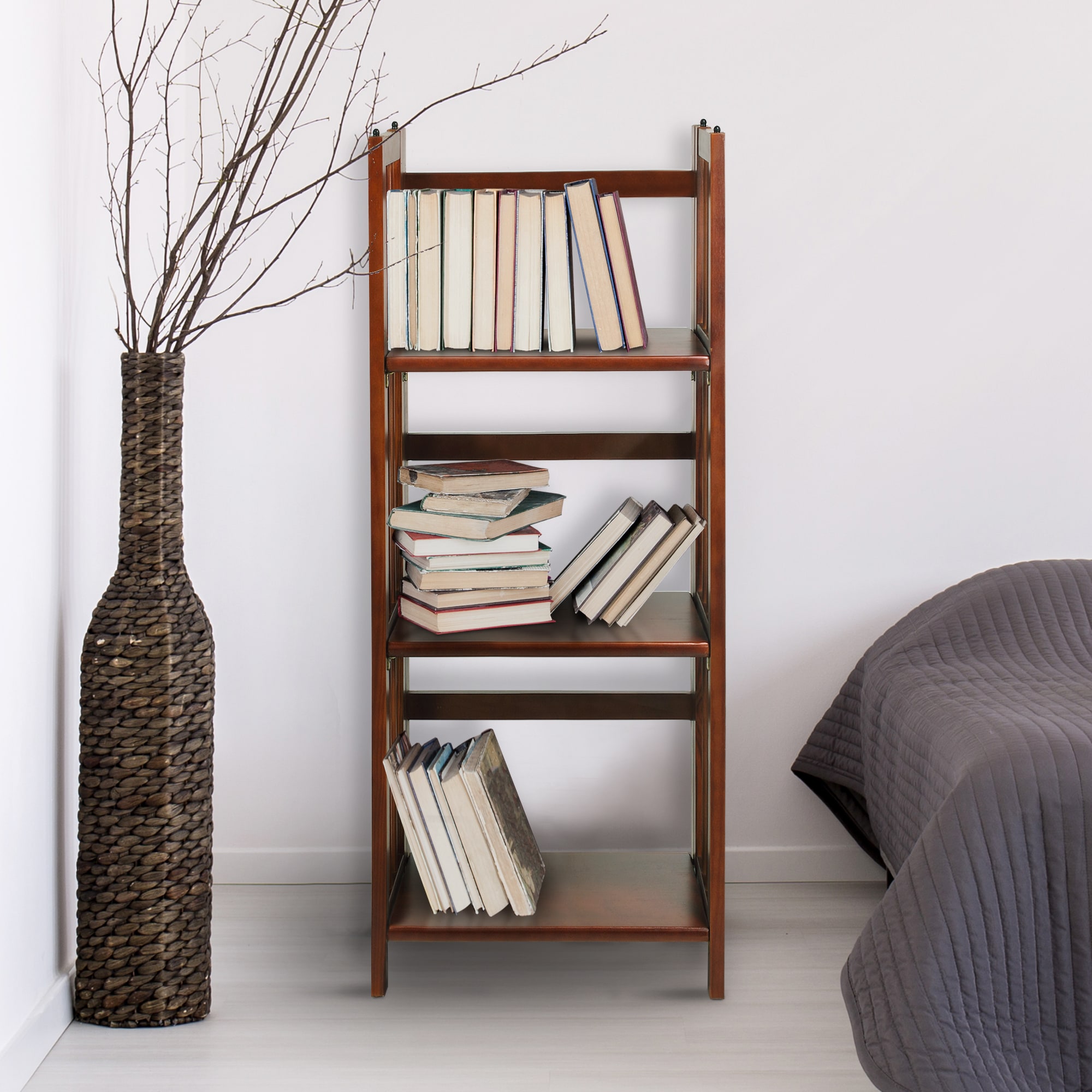 Walnut Finish 3-Shelf Solid Wood Stackable Folding Bookcase