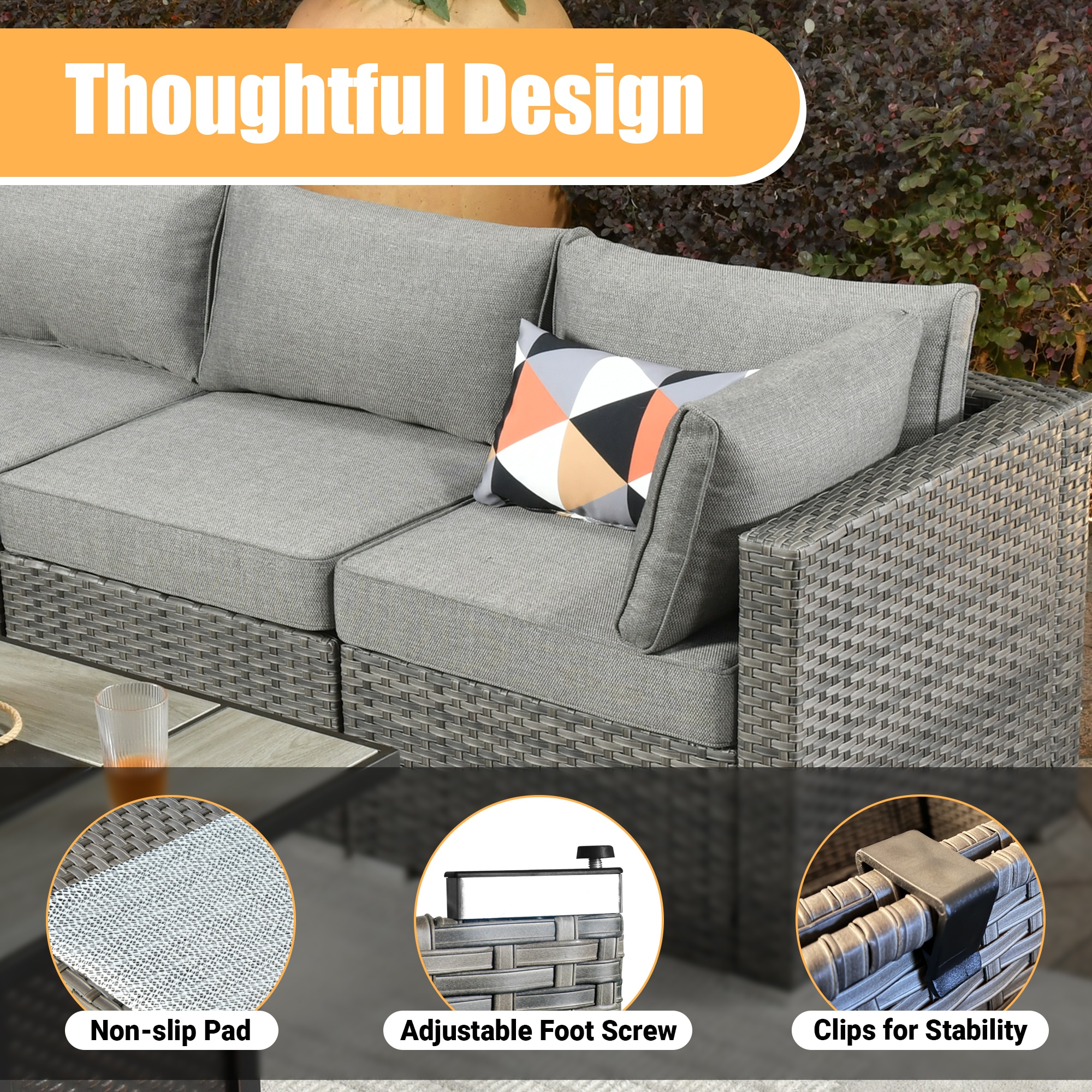 Pouuin Rattan Outdoor Sectional with Dark Gray Cushions and Wicker ...