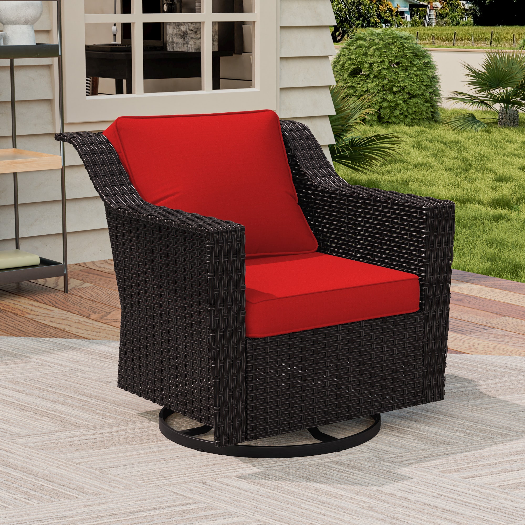 Gardenbee HGL-MA01D-D4 Wicker Brown Steel Frame Swivel rocker Conversation Chair with Red Cushioned Seat