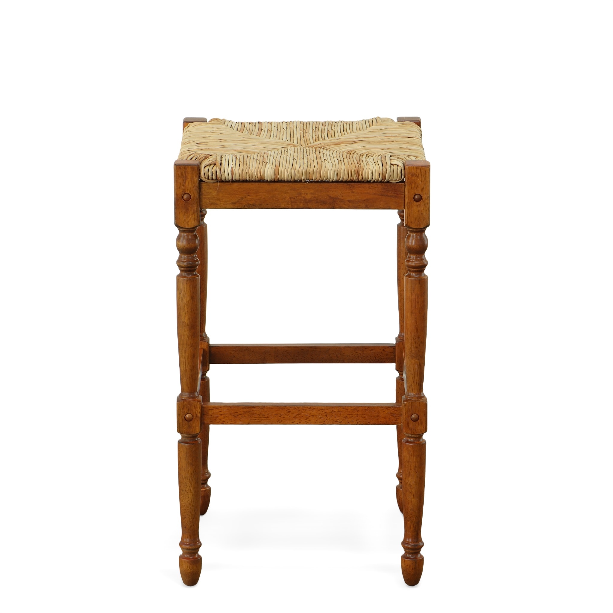 Elegant Backless Walnut Wood Counter Stool with Handwoven Seat