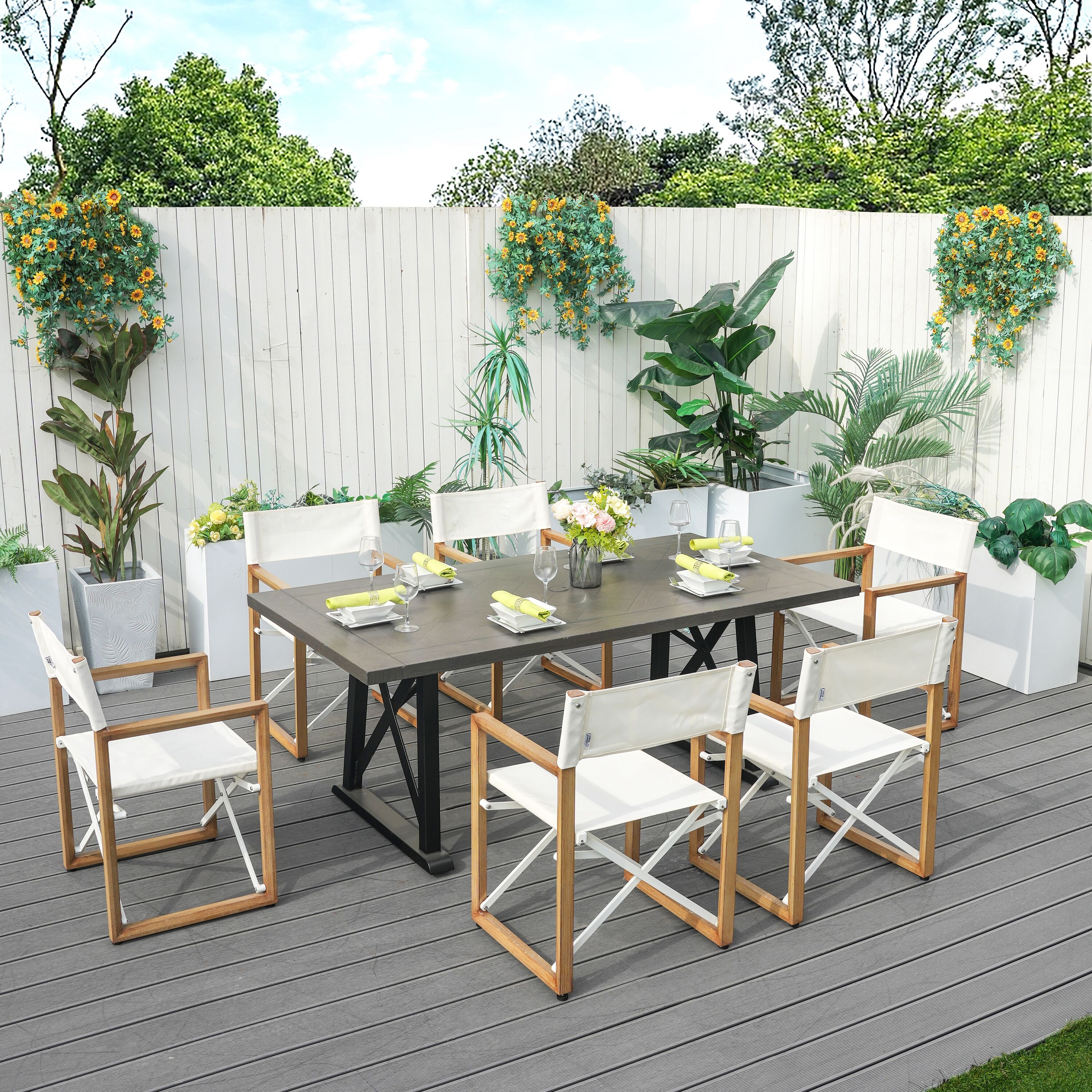 Moda Furnishings MAD-2466-2508BR 7 -Piece Brown Patio Dining Set Iron Rectangle Table with 6 White Stationary Chairs