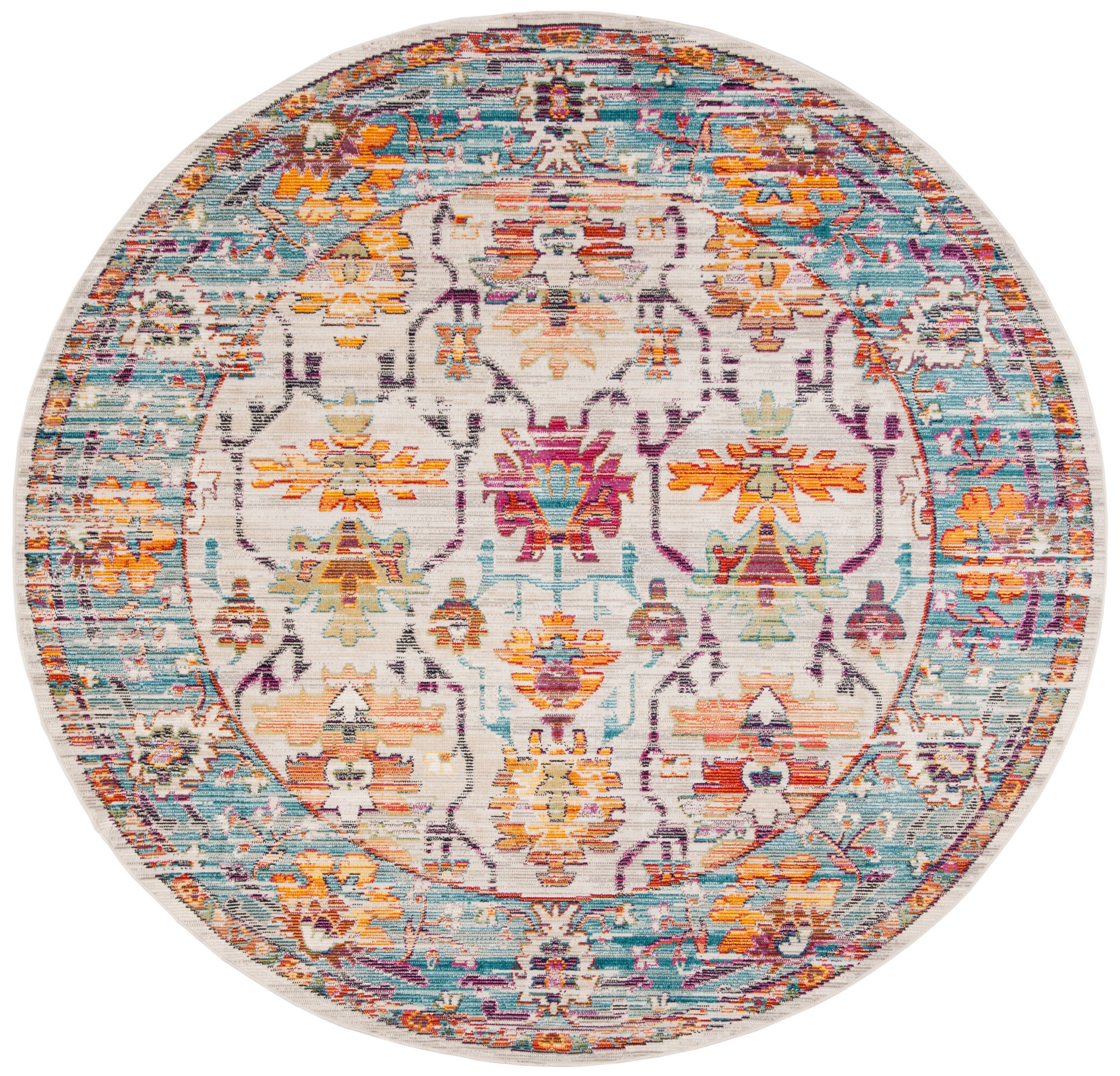 Bohemian Bliss Cream/Teal Oriental Round Rug - 7'x7'