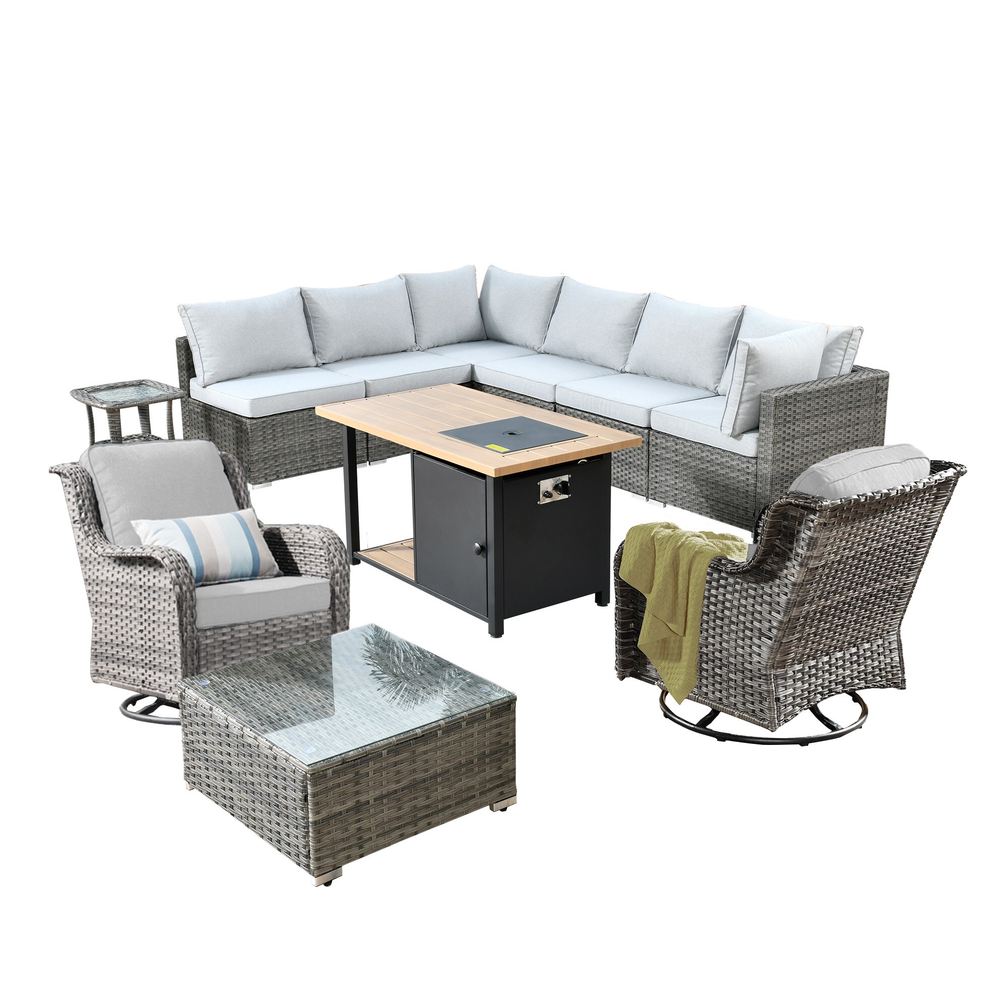 weaxty DDFP03RRSGNTC4011 11-Piece Rattan Patio Conversation Set with Gray Cushions