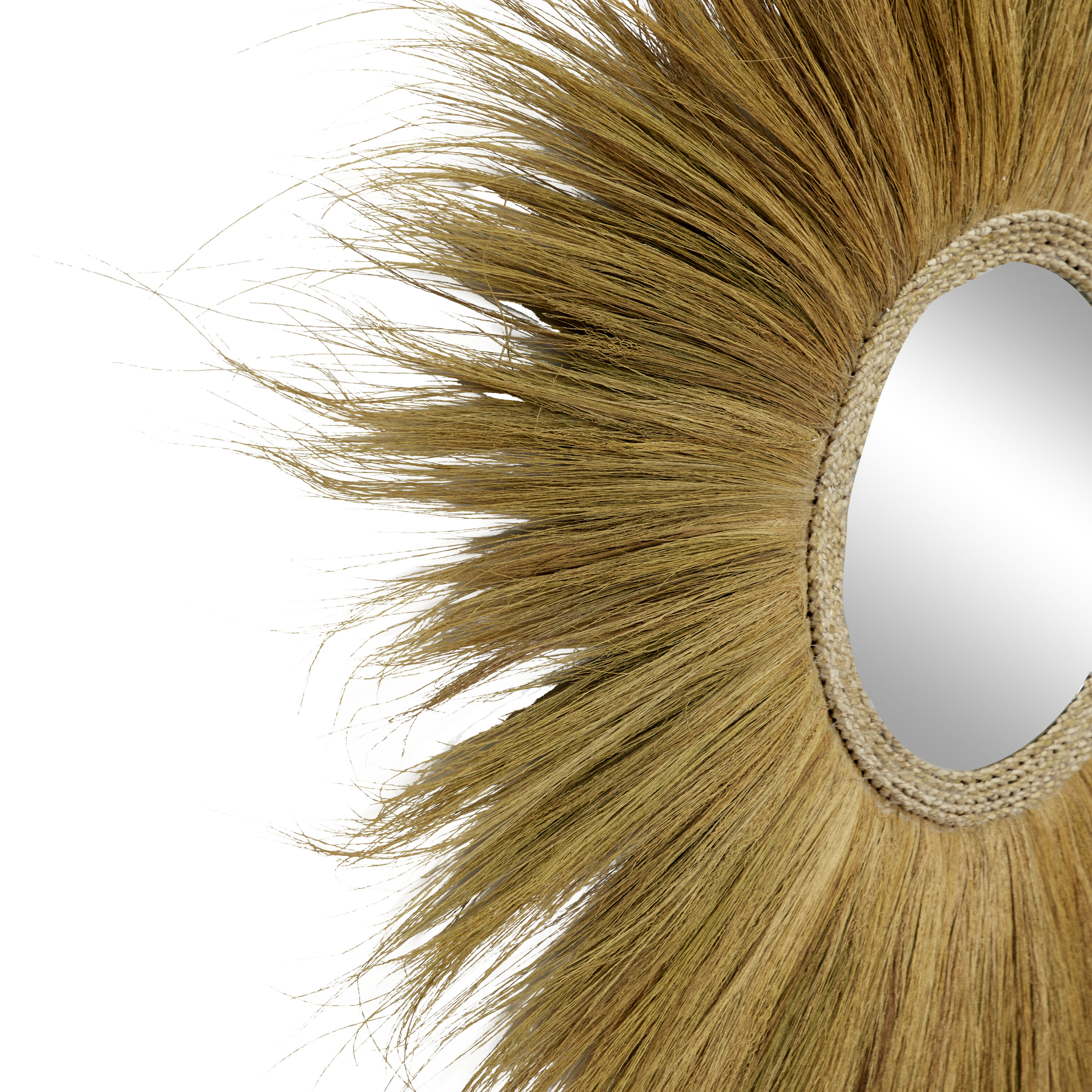 Golden Sunburst Round Decorative Wall Mirror with Grass Trim