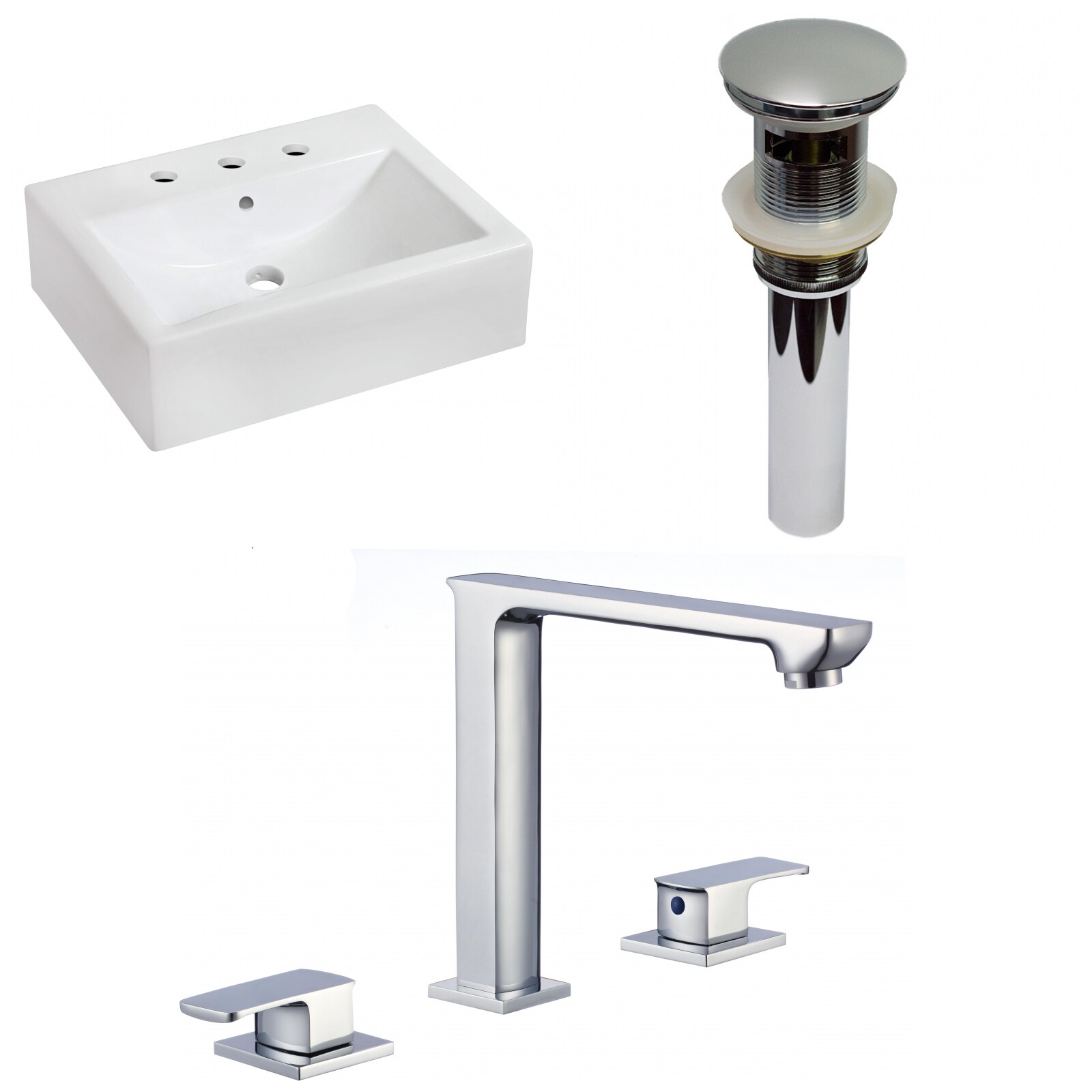 American Imaginations AI-33933 White/Enamel Glaze Ceramic Wall-mount Rectangular Transitional Bathroom Sink with Faucet (Drain Included) (16.25-in x 20.25-in)