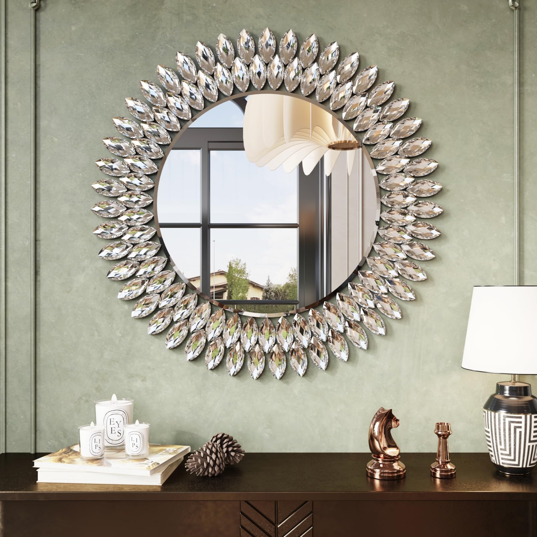 AOIZGMY  Round Jeweled Wall Mirror 26 in Decorative Diamond Beveled Vanity Mirror for Bedroom Living Room Bathroom Hallway Entryway Modern Design