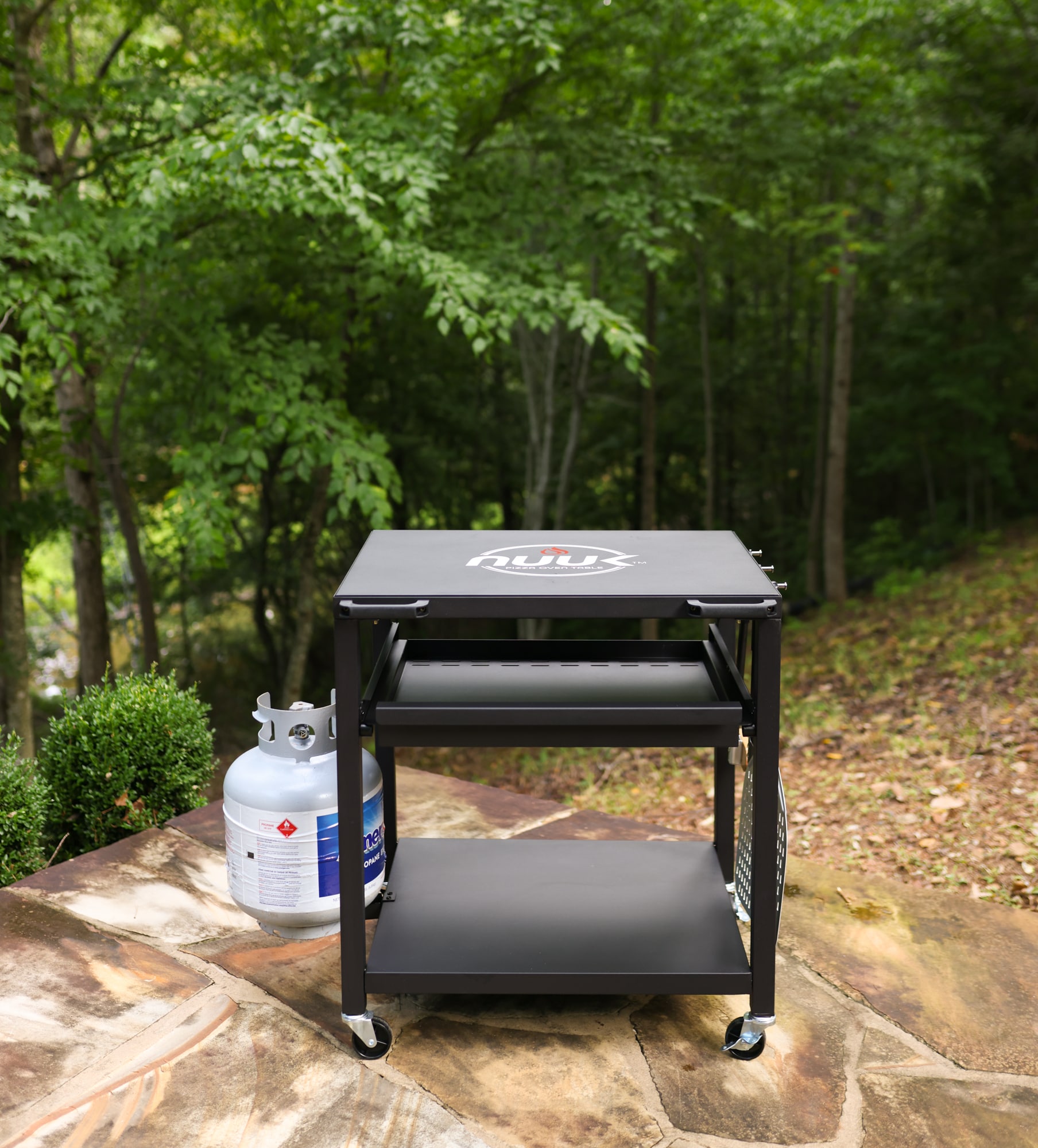 NUUK Heavy Duty Black Steel Rolling Pizza Oven Table