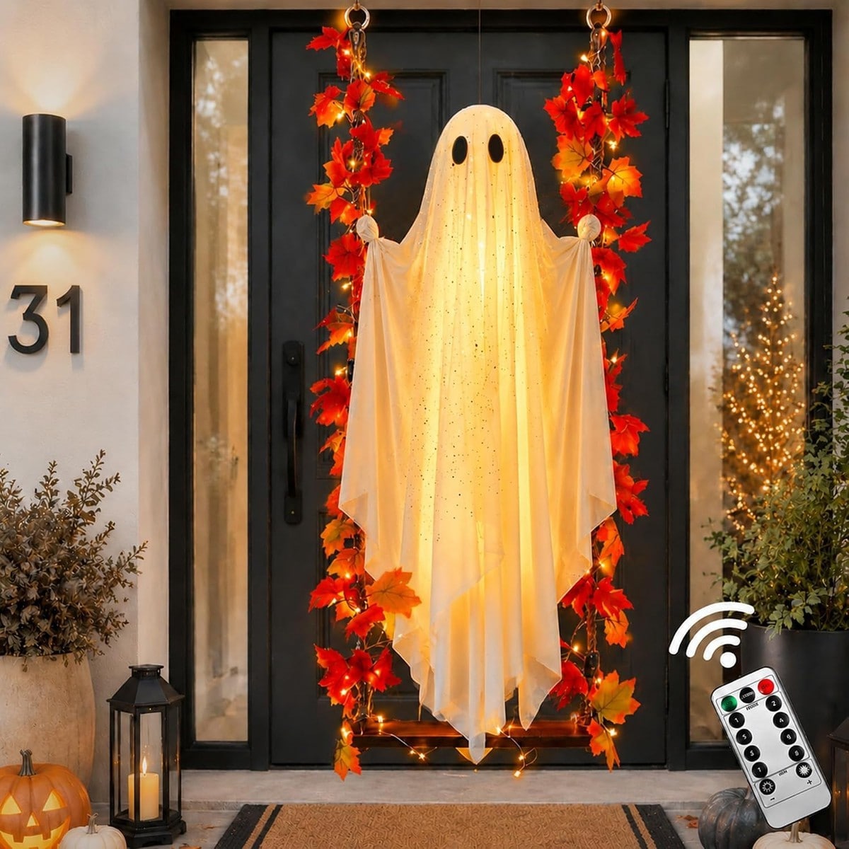Pacrigo 5.3ft Hanging Ghost Decoration with Maple Leaf Swing and Remote Controlled String Lights for Halloween Outdoor Indoor Yard Porch Garden #JIA1-051A35