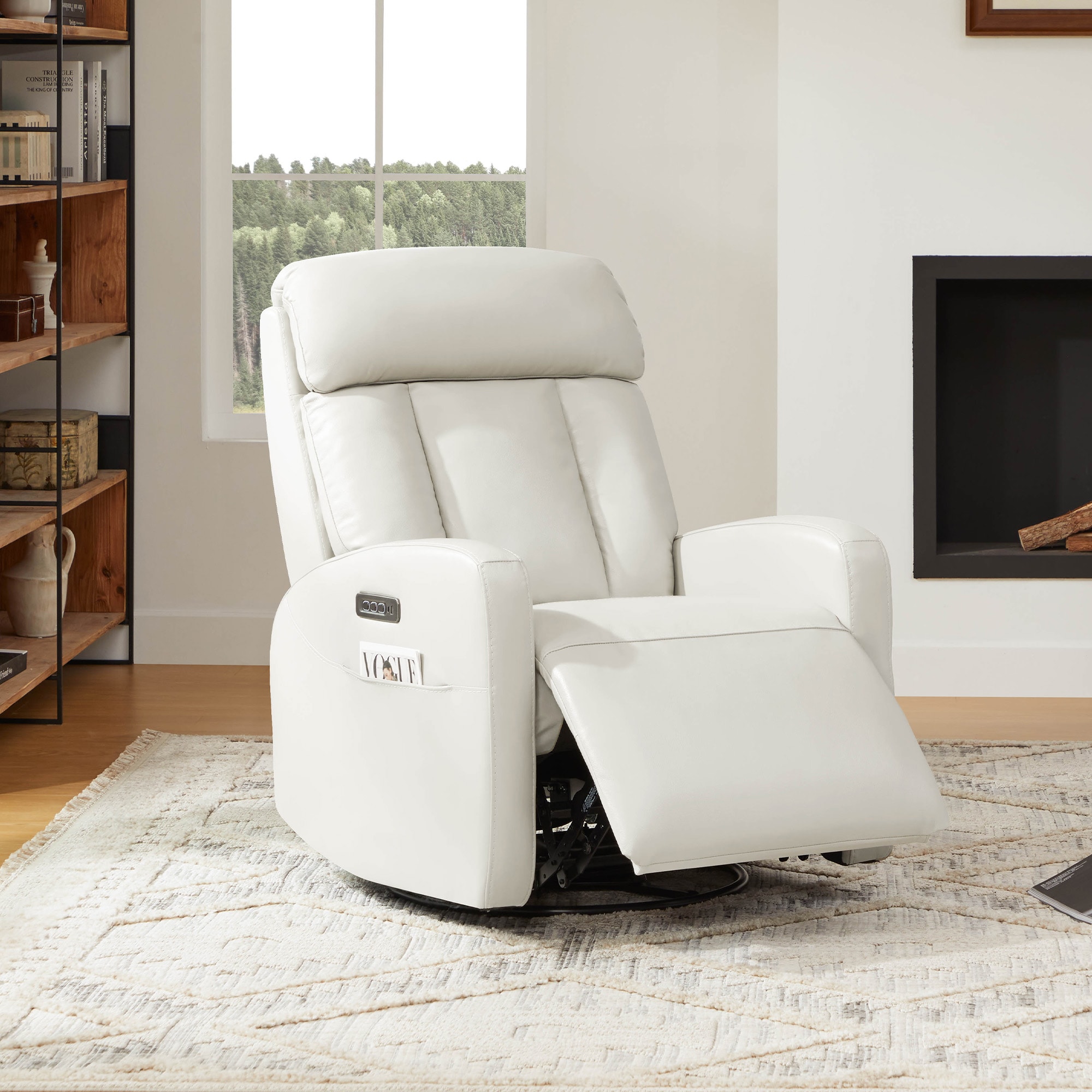 Circle 55 Light Grey Leather Upholstered Powered Reclining Swivel glider Infinite-position