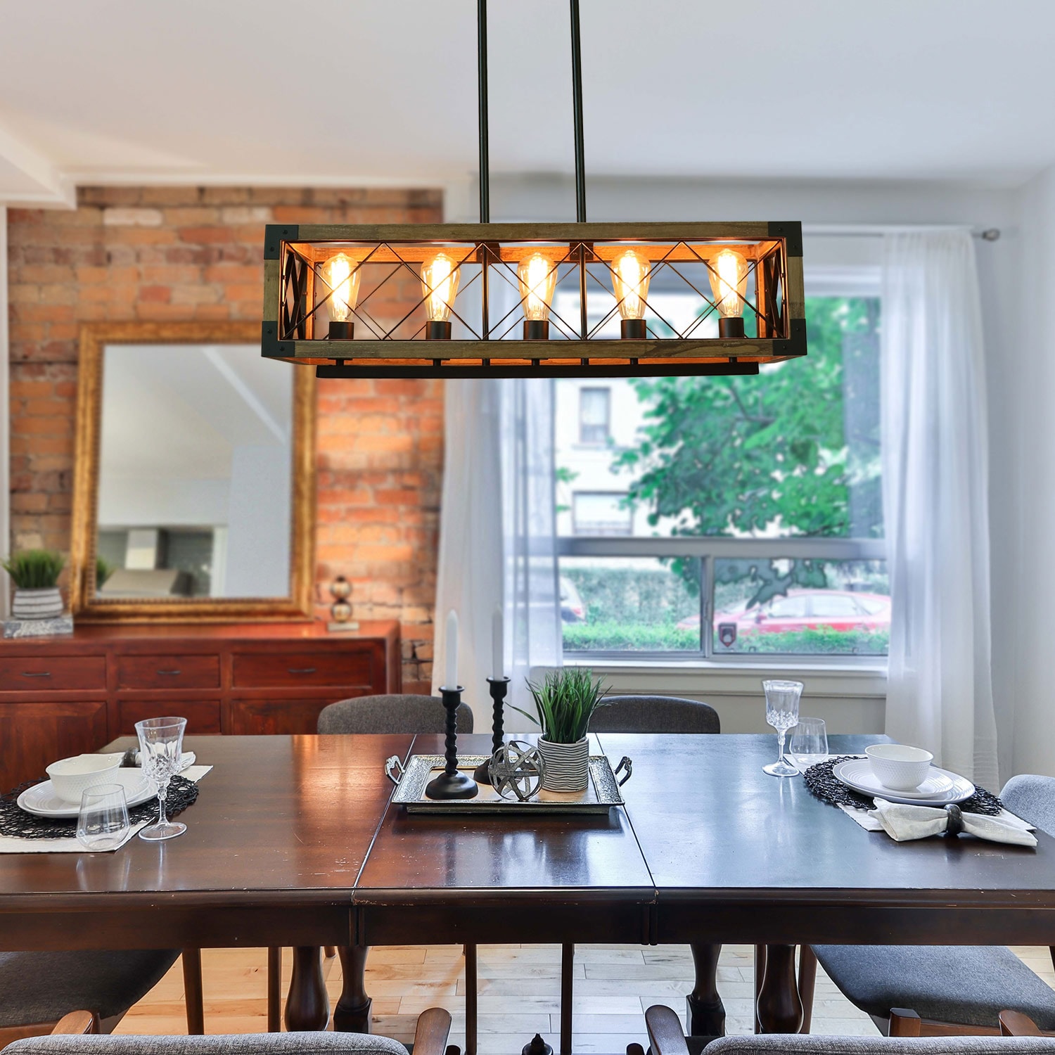 Rustic Black and Brown Wood Cage 5-Light Chandelier