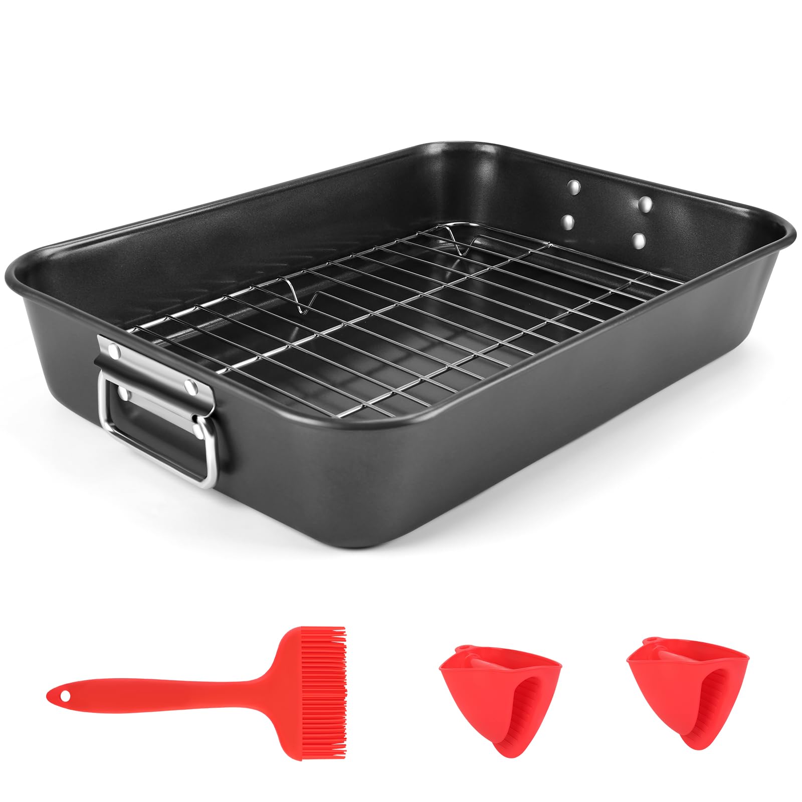 Aoibox 15 75 x 11 02 In Nonstick Roasting Pan with Rack Silicone Hand Clip and Oil Brush Heavy Duty Carbon #LABB6P83