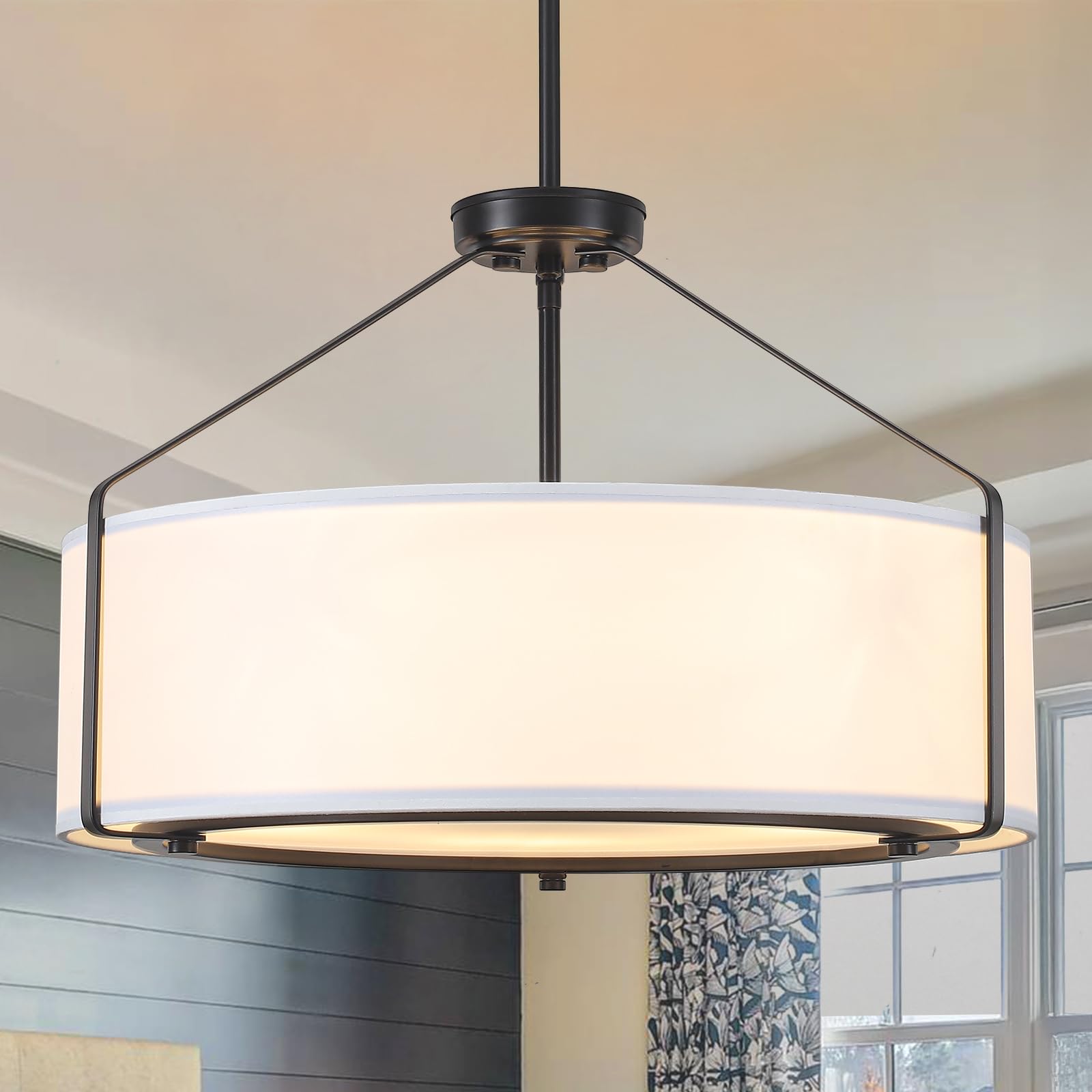 IUEST  20 Inches Drum Chandeliers 5 Light Modern Farmhouse Pendant Light Fixture with White Linen Fabric Shade Black Round Adjustable Hanging