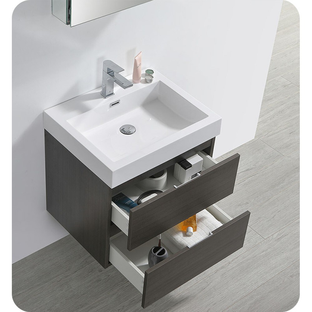 Gray Oak 24" Wall Mount Single Sink Vanity Base with Soft-Closing Drawers