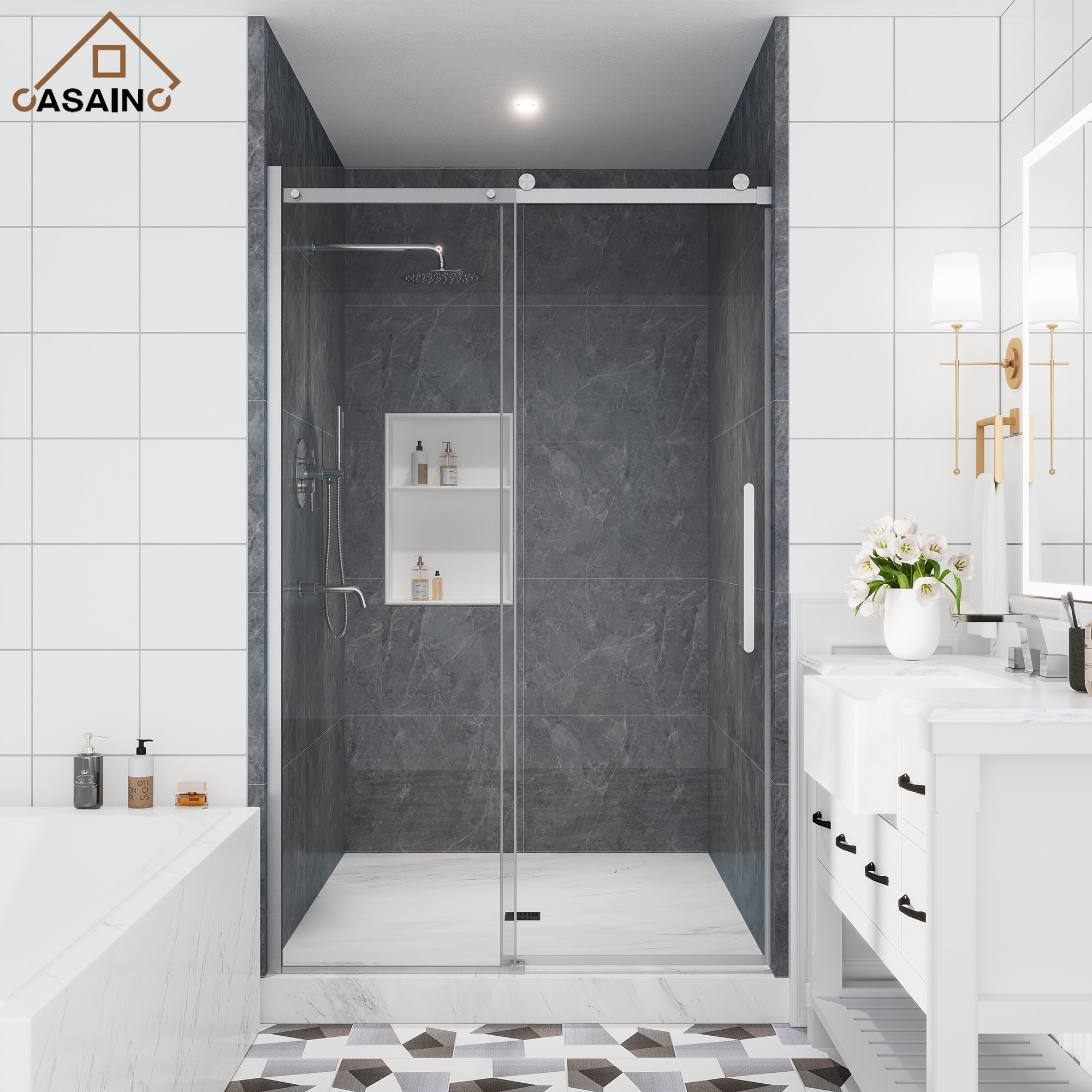 CASAINC WF-HW64426-LA Brushed Nickel 44-in to 48-in W x 76-in H Frameless Clear Glass Sliding Shower door