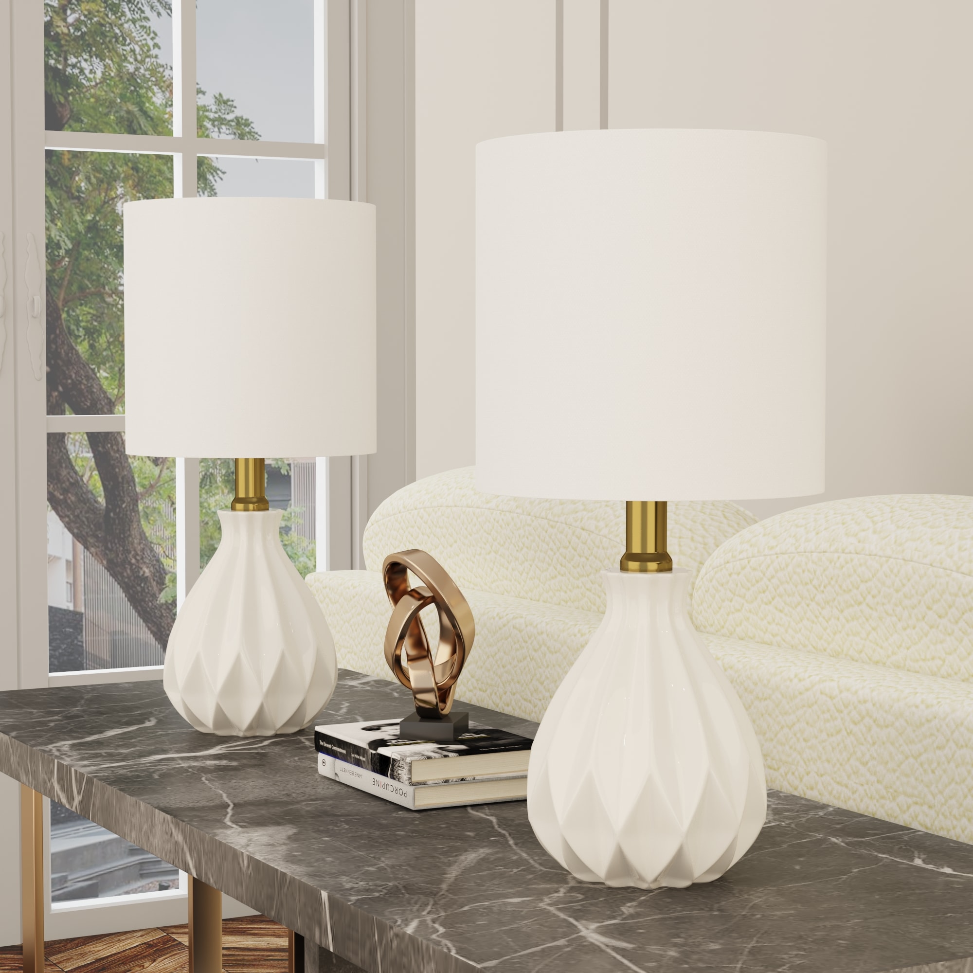 Maxax T158-WH Deluxe 14-in White LED Incandescent Rotary socket Table Lamp with Linen Shade 2 -Set