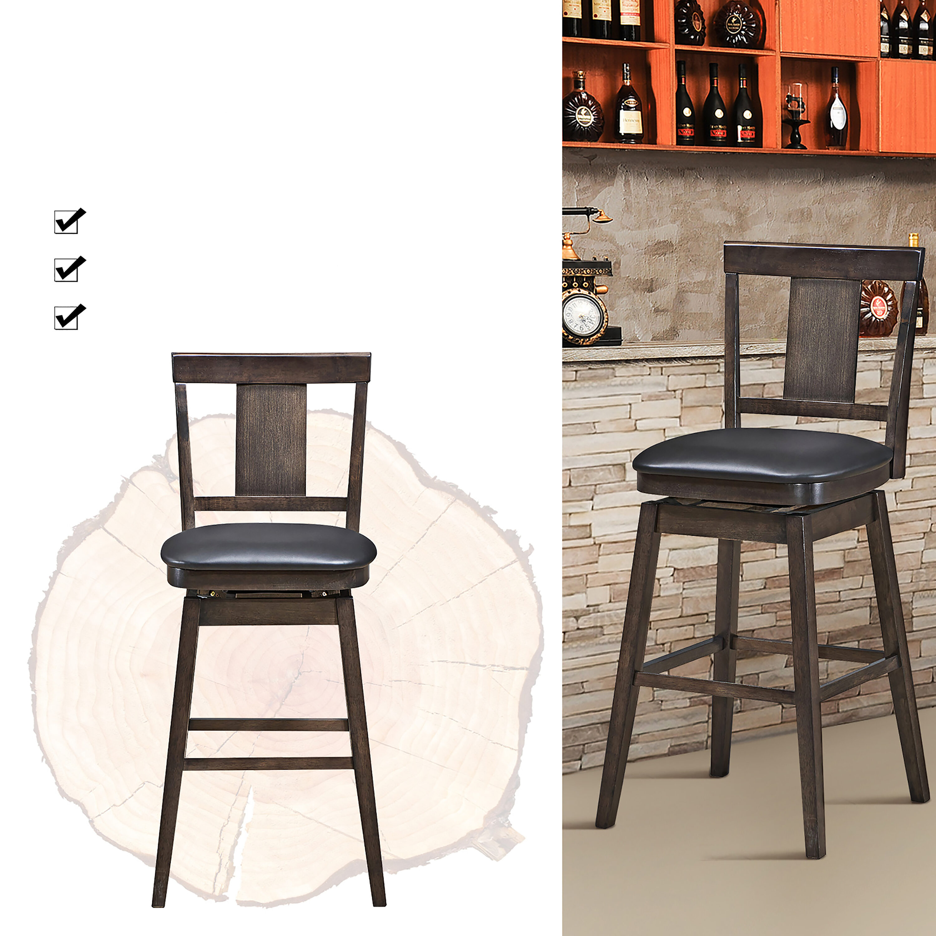 Brown Rubberwood and PVC Leather Swivel Bar Stool