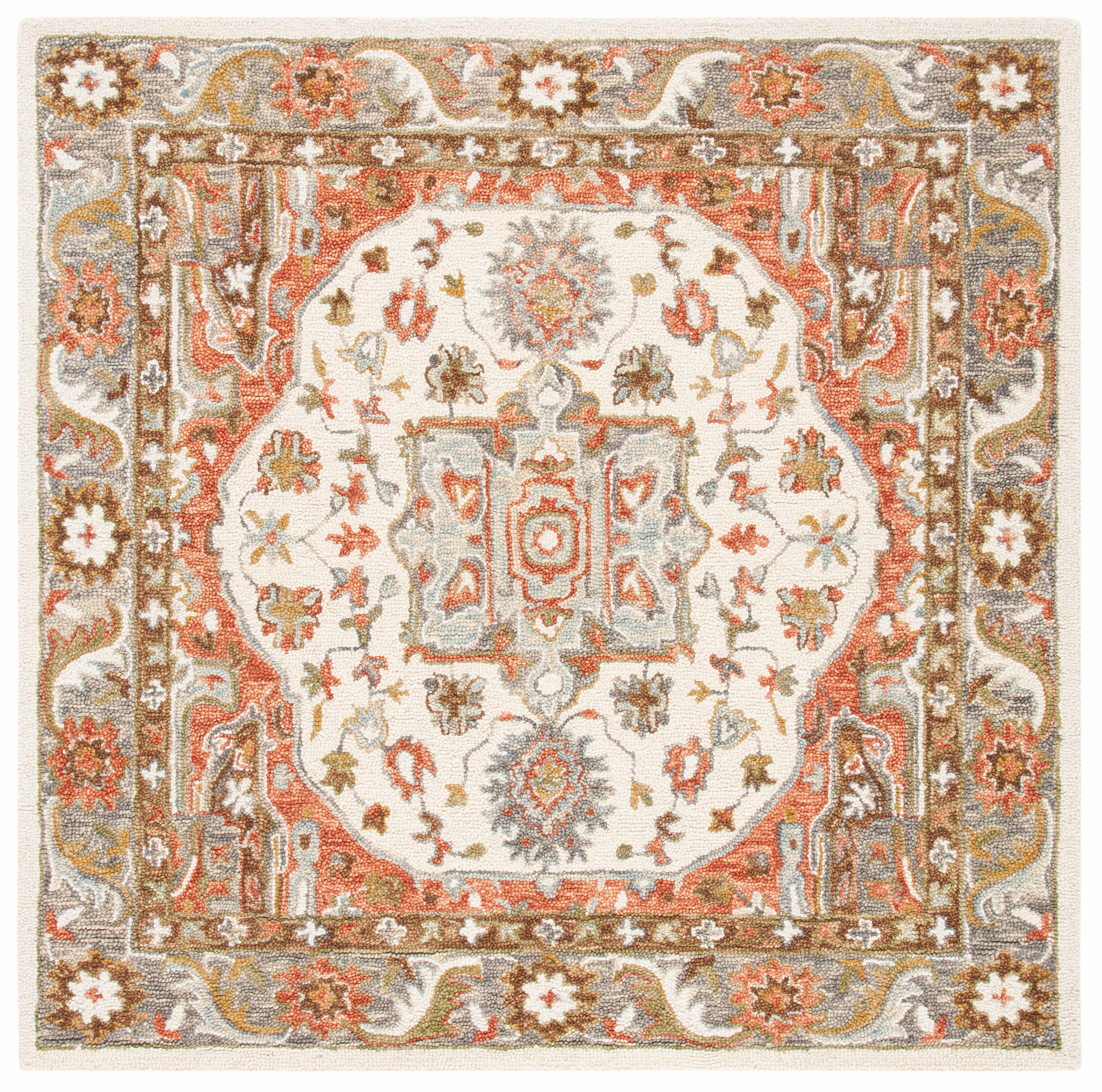 Ivory and Red Hand-Tufted Wool Square Area Rug, 6'x6'