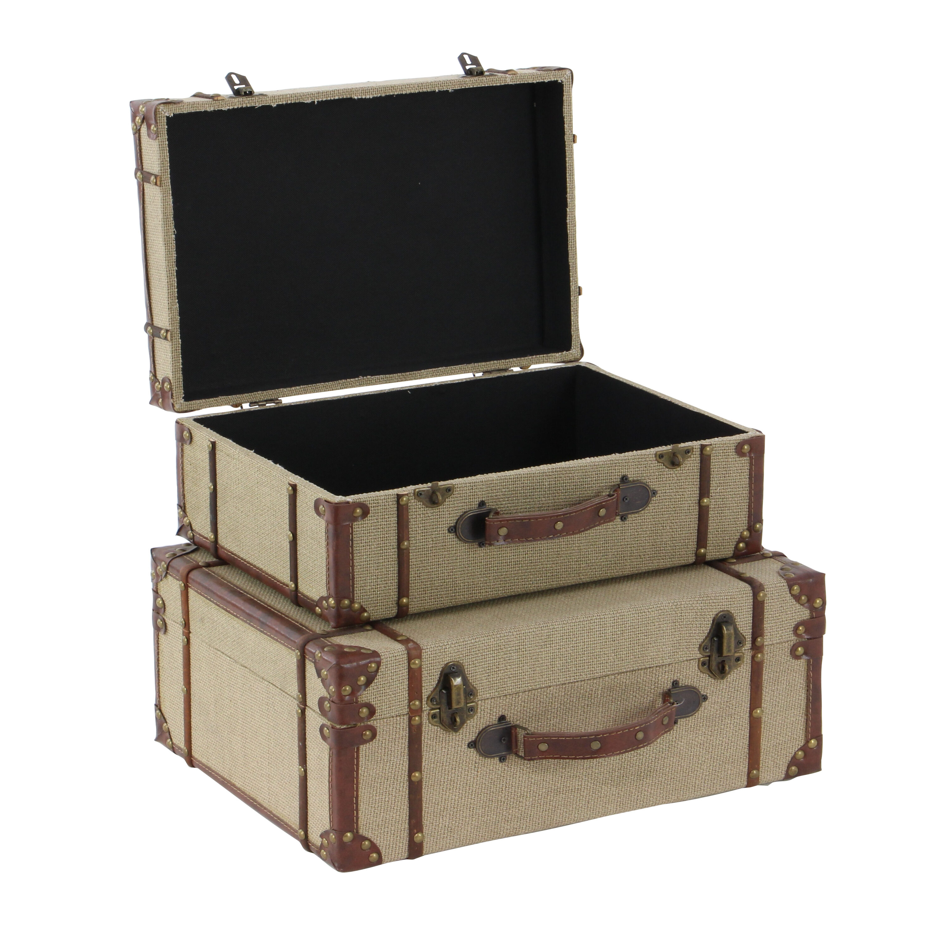 Beige Burlap and Leather Vintage Trunk Set, 2 Pieces