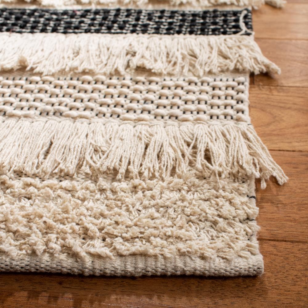 Ivory and Black Striped Wool Cotton Area Rug, 5' x 8'