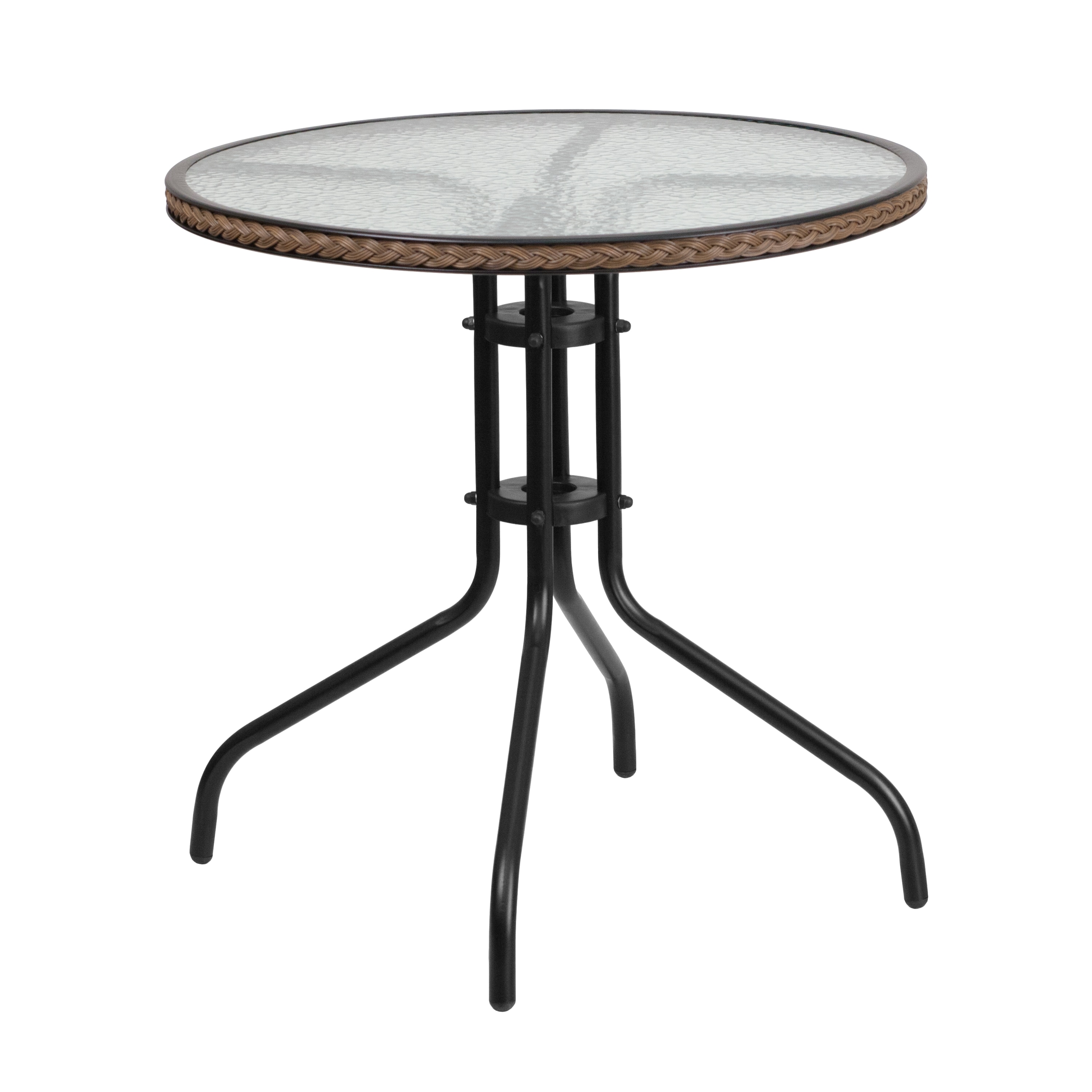 28'' Round Clear Glass Table with Dark Brown Rattan Edging