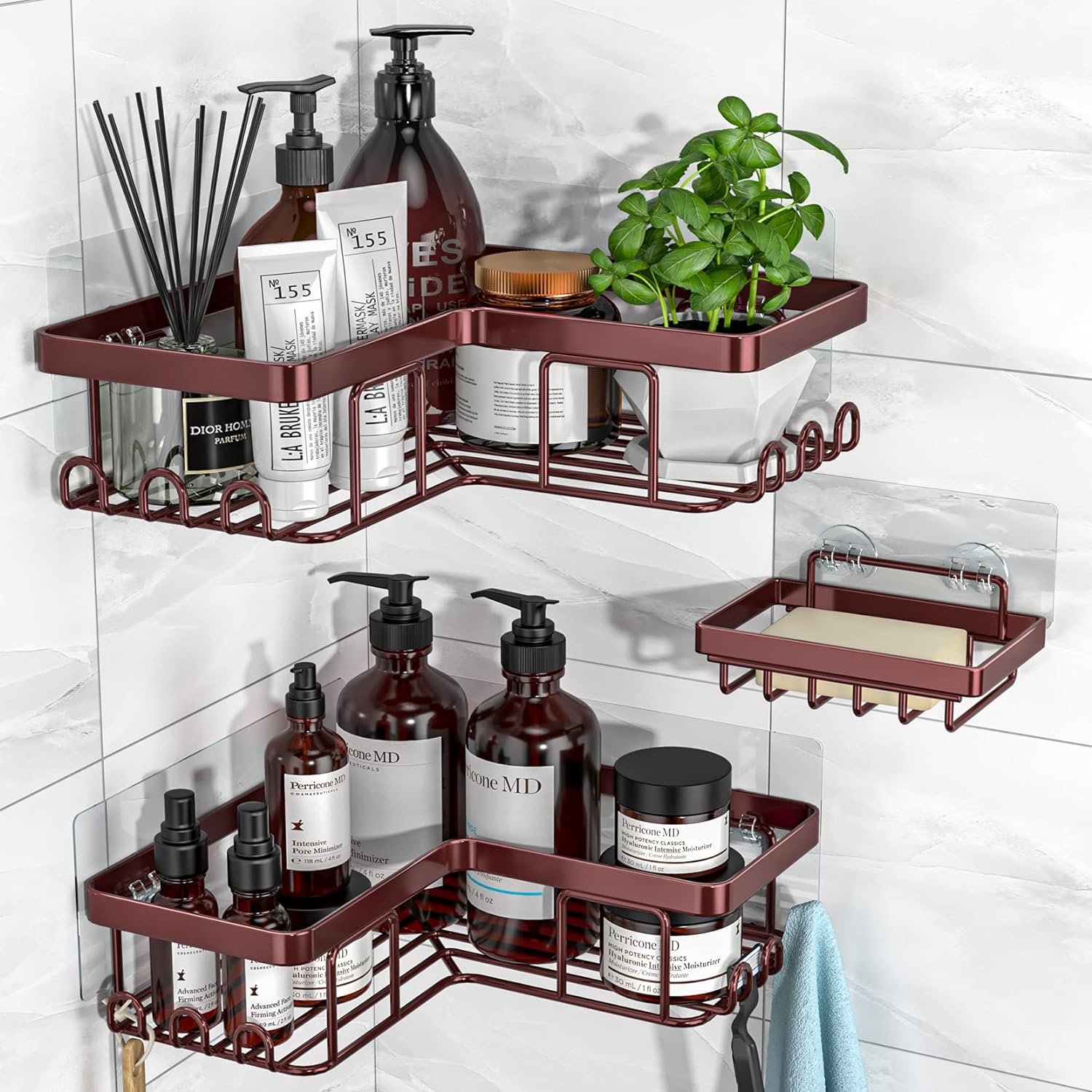 YASONIC  Corner Shower Caddy 3 Pack Adhesive Shower Caddy with Soap Holder and 12 Hooks Rustproof Stainless Steel No Drilling Wall Mounted Rack Organizer for Bathroom Bronze