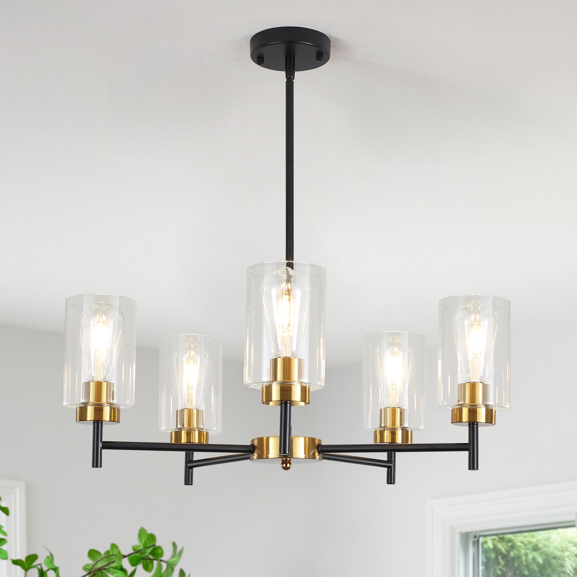 Zjvaive 24.3inch 5-Light Modern Black And Gold Chandelier With Glass Shades for Multiple Spaces