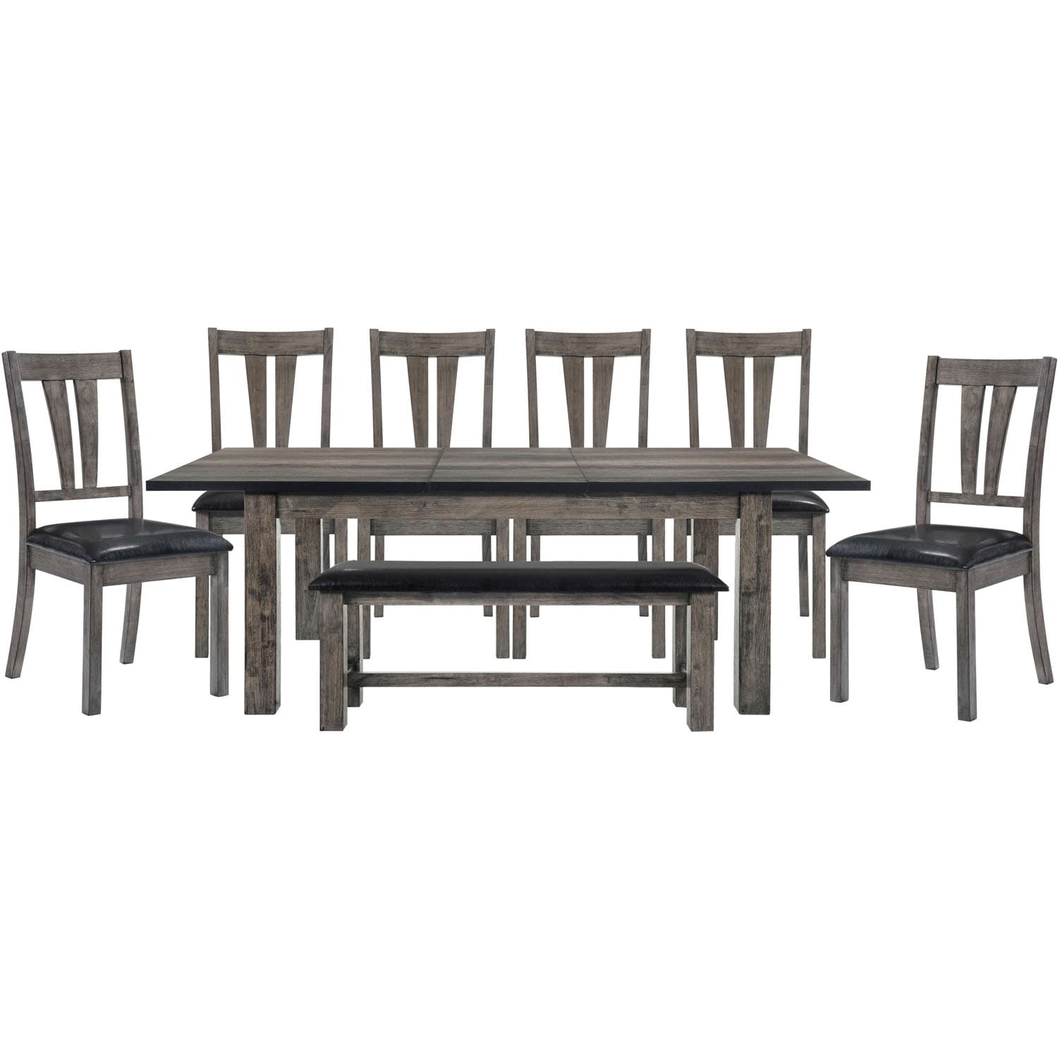 Rustic Gray Oak 8-Piece Dining Set with High-Back Chairs and Bench