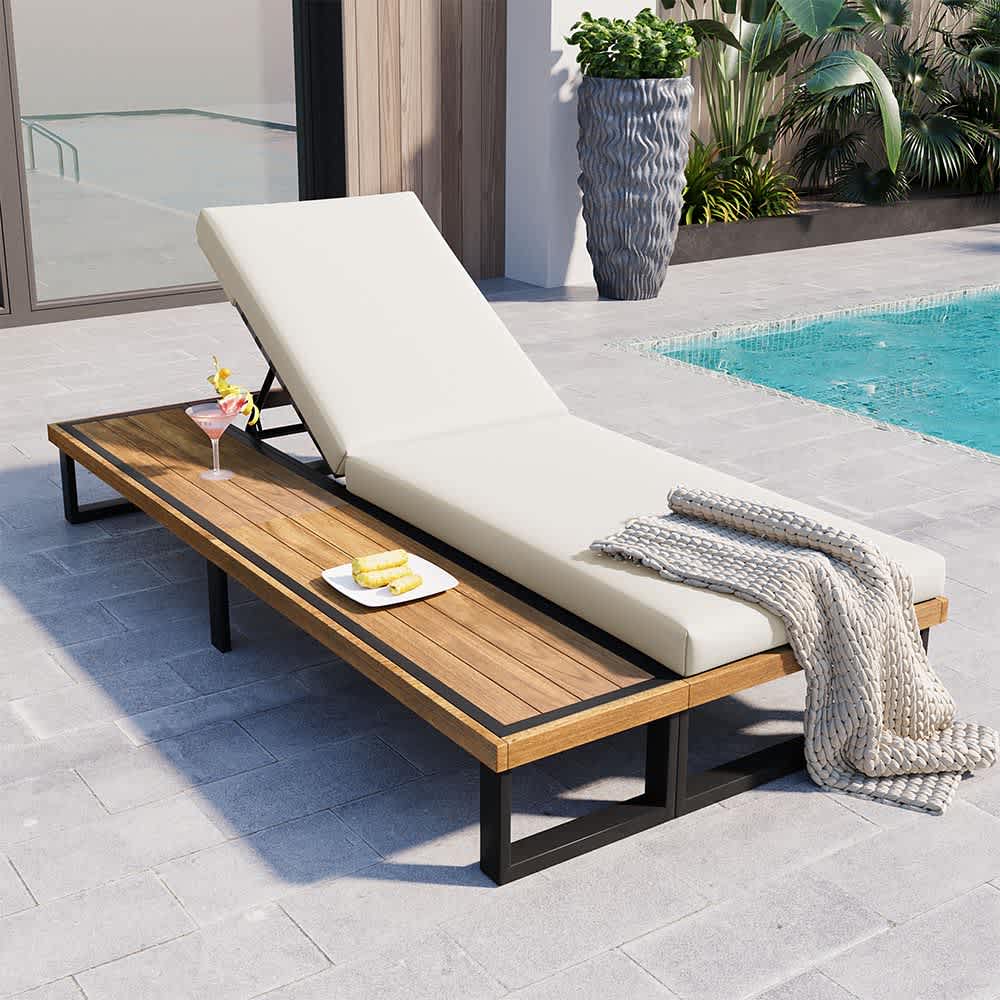JUJABU DINSET-18 Beige Outdoor Chaise Lounge Chair with 5-Position Adjustable Backrest with Wood Side Table Sturdy Frame for Poolside