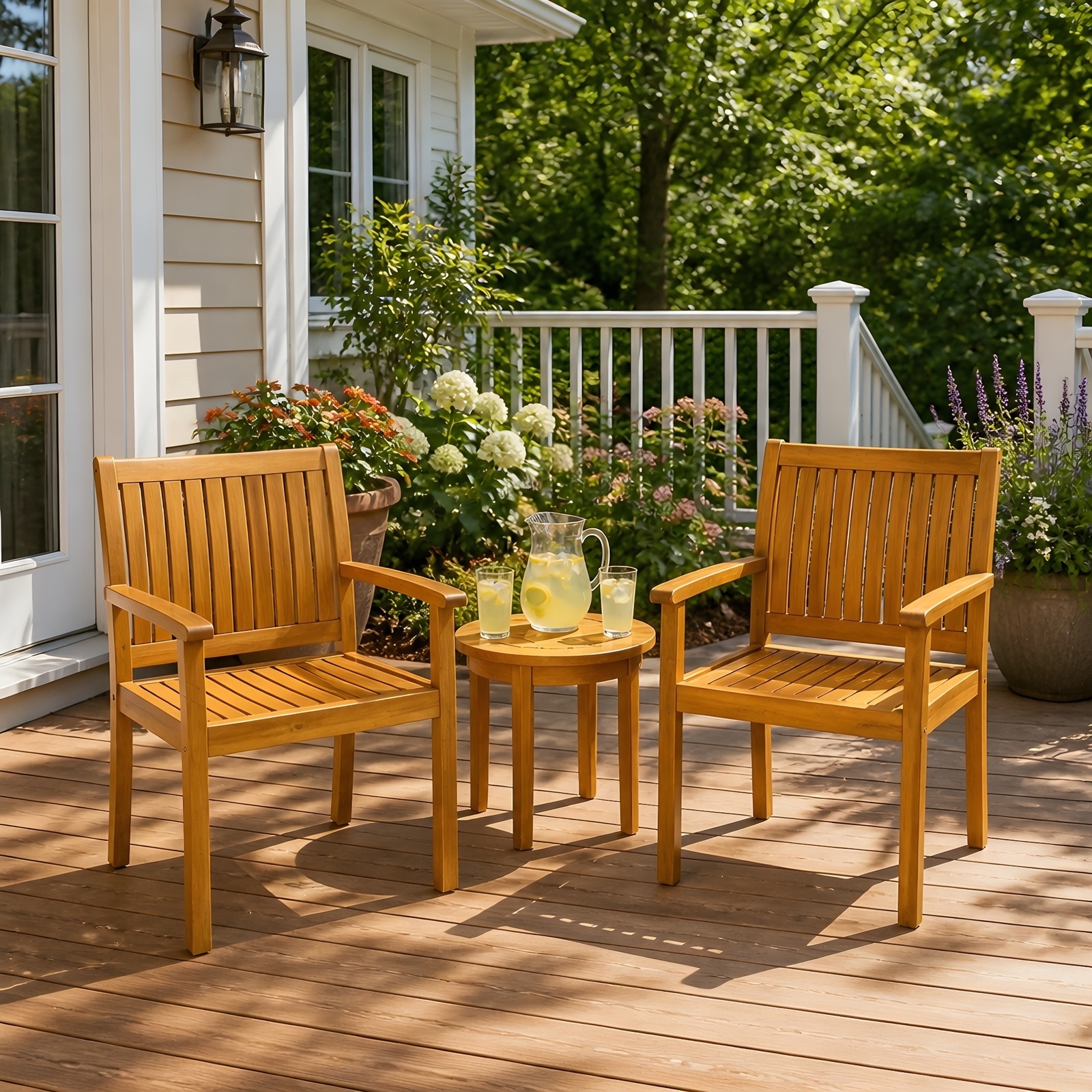 UOI - Set of 2 Teak Acacia Wood Dining Chairs with Slat Panel Design