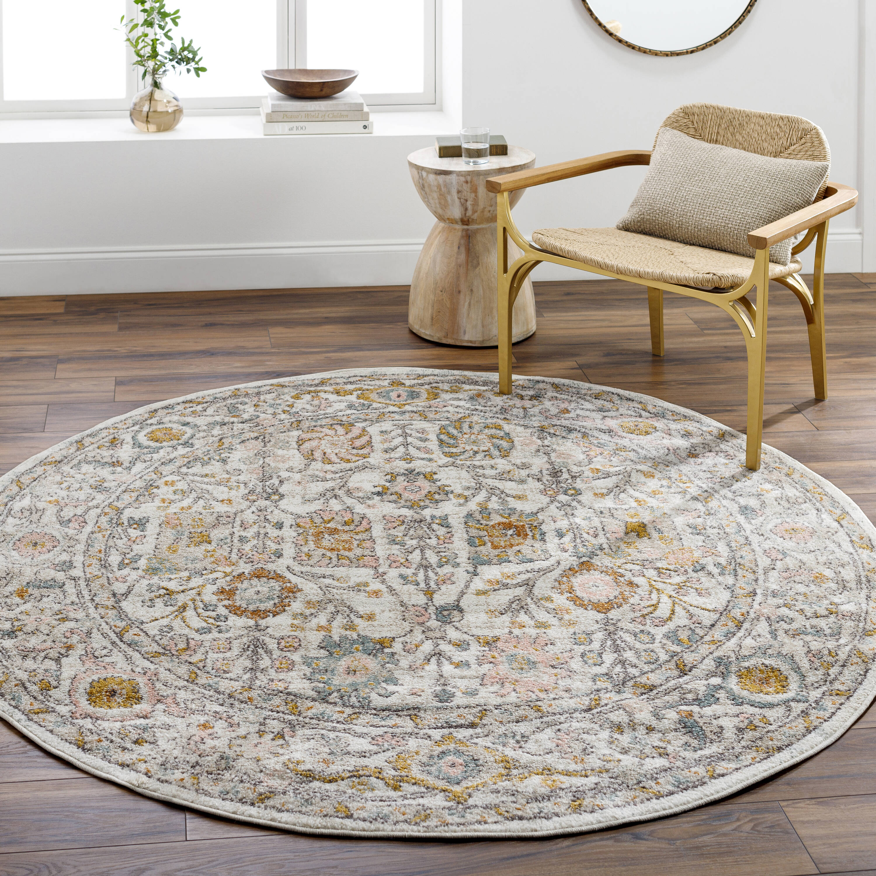 Livabliss AKR2332-710RD Ankara 8 x 8 (ft) Polypropylene Dusty Pink, Off-White Round Indoor Border Oriental Area rug