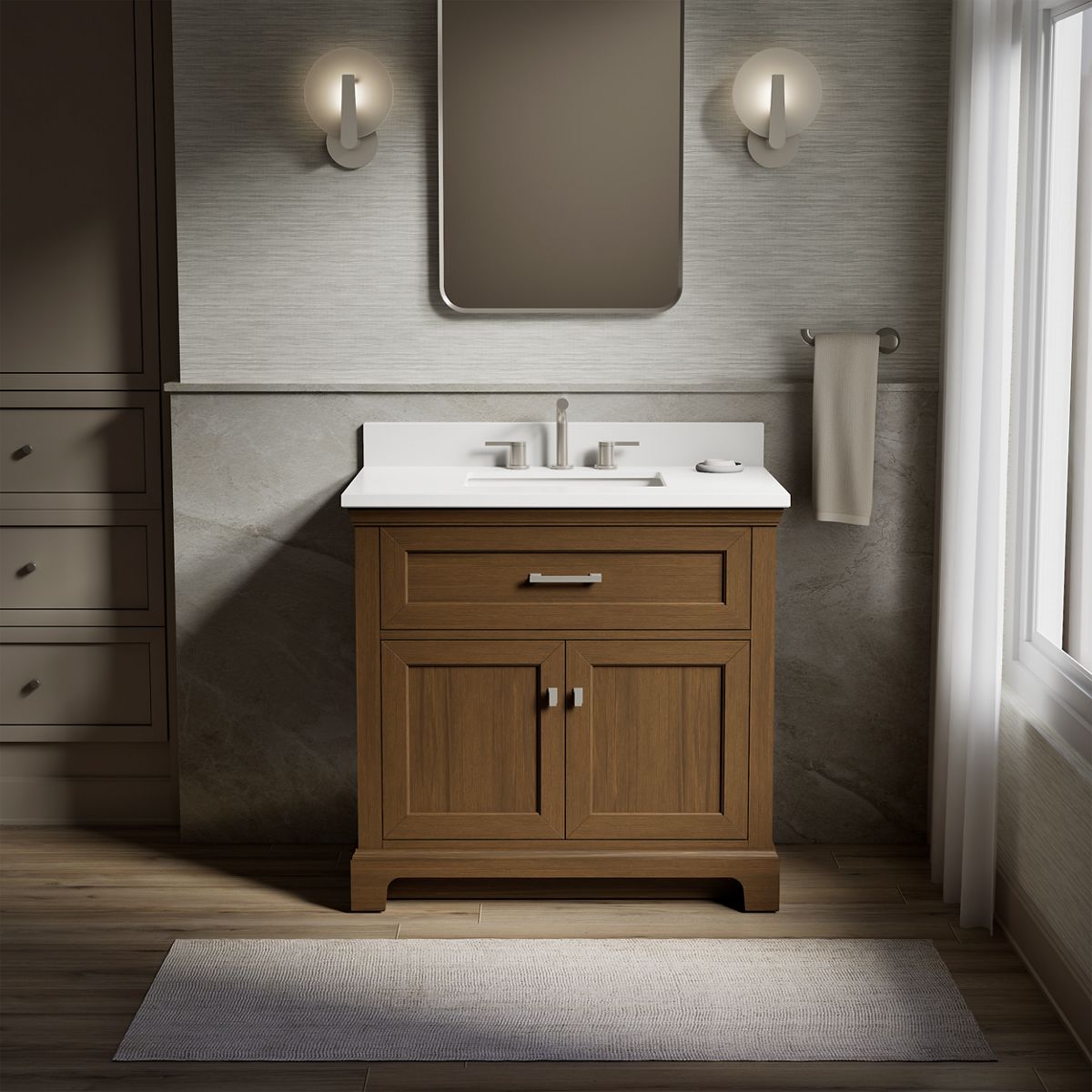 KOHLER 29261-BD1-DAK Charlemont 36-in Draper Oak Undermount Single Sink Bathroom Vanity with White Quartz Top