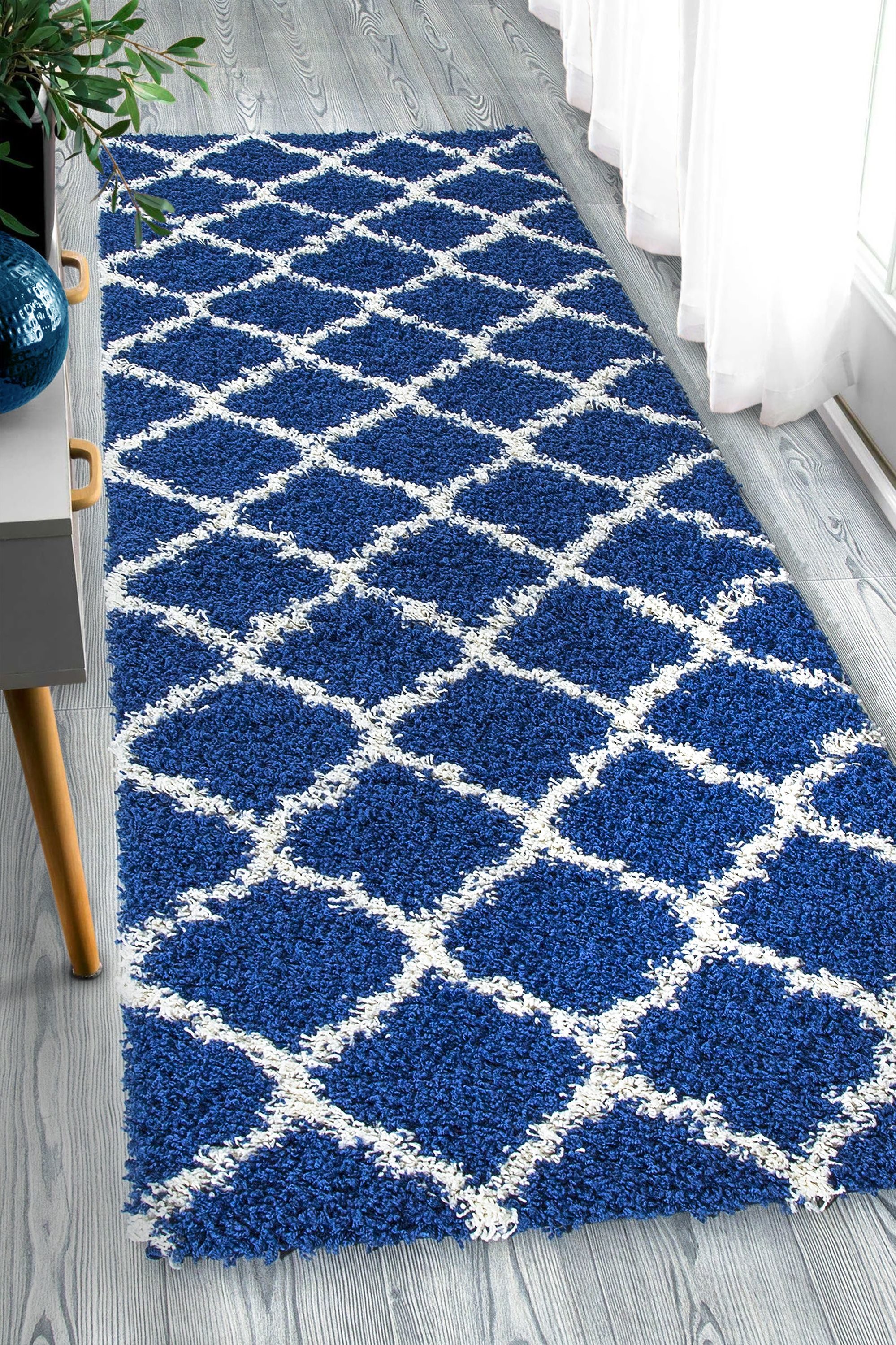Ottomanson FFY4286-3X8 Fluffy 3 x 8 (ft) Flatweave Polypropylene Navy Rectangular Indoor Trellis Moroccan Runner rug