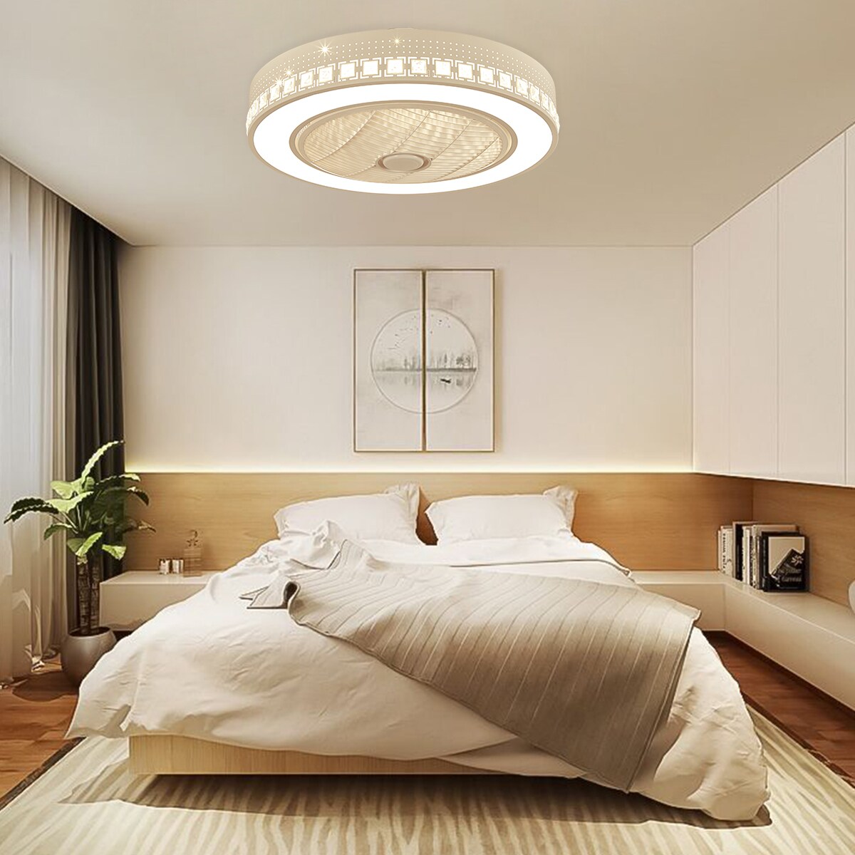 Oukaning HG-HCXLST-4167-US 23-in White Hollow Lattice Timing Color-changing Indoor Flush Mount Ceiling Fan with Light and Remote (7-Blade)