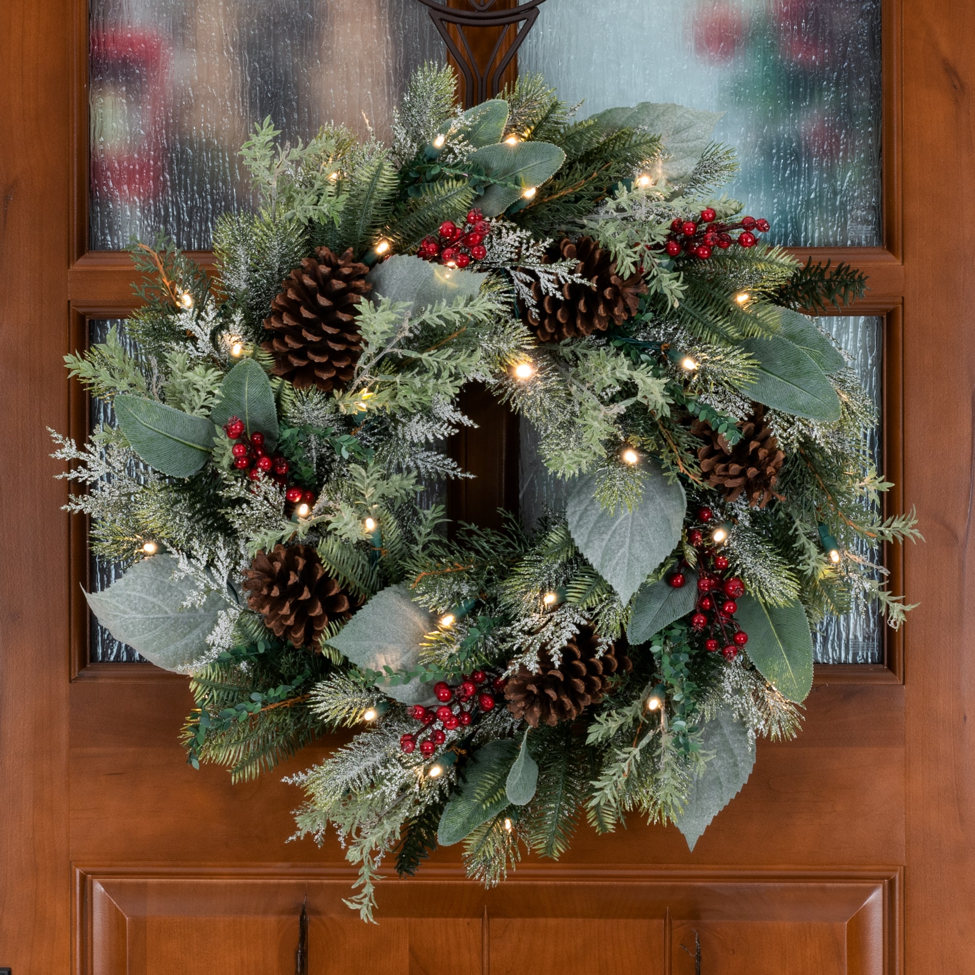 24-Inch Pre-Lit Pine Christmas Wreath with Red and Green Ornaments