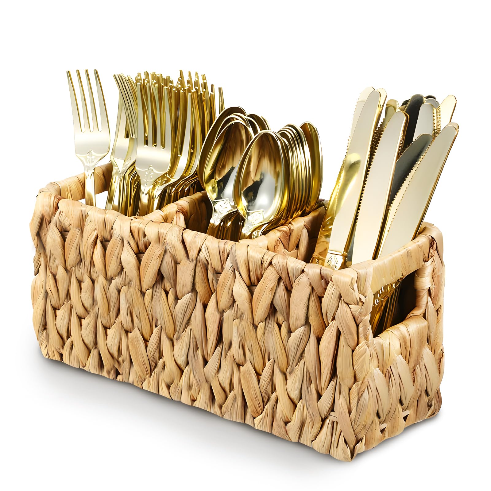 Aoibox  Water Hyacinth Wicker Silverware Caddy 3 Compartment Cutlery Organizer Basket with Handles 10 x 4 9 x