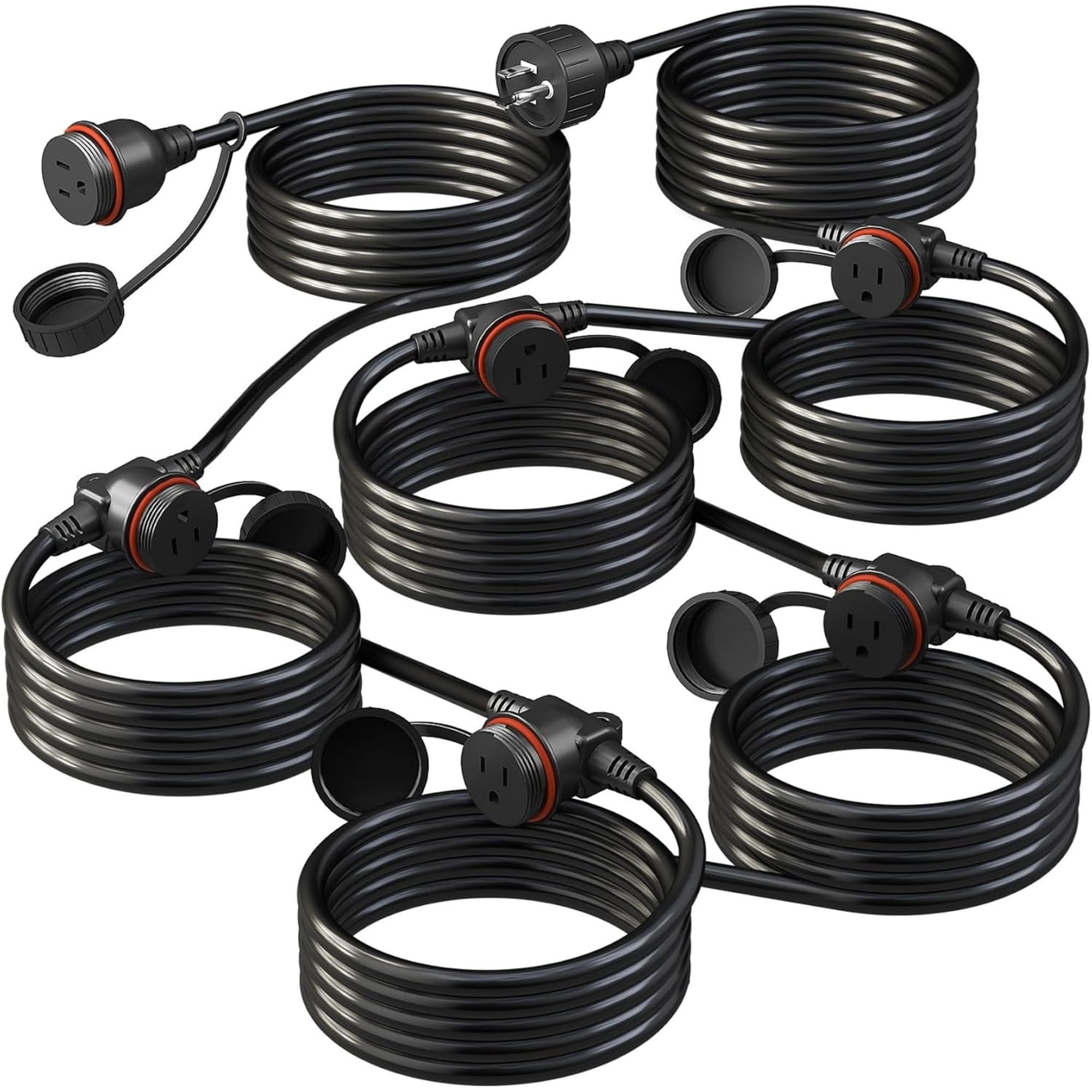 Angel Sar 50FT 16 AWG Heavy Duty Black Outdoor Extension Cord with Evenly Spaced 6 Outlets Waterproof Covers SJTW Multiple Outlets ETL Listed for Holiday Lights Halloween and Christmas Decorations