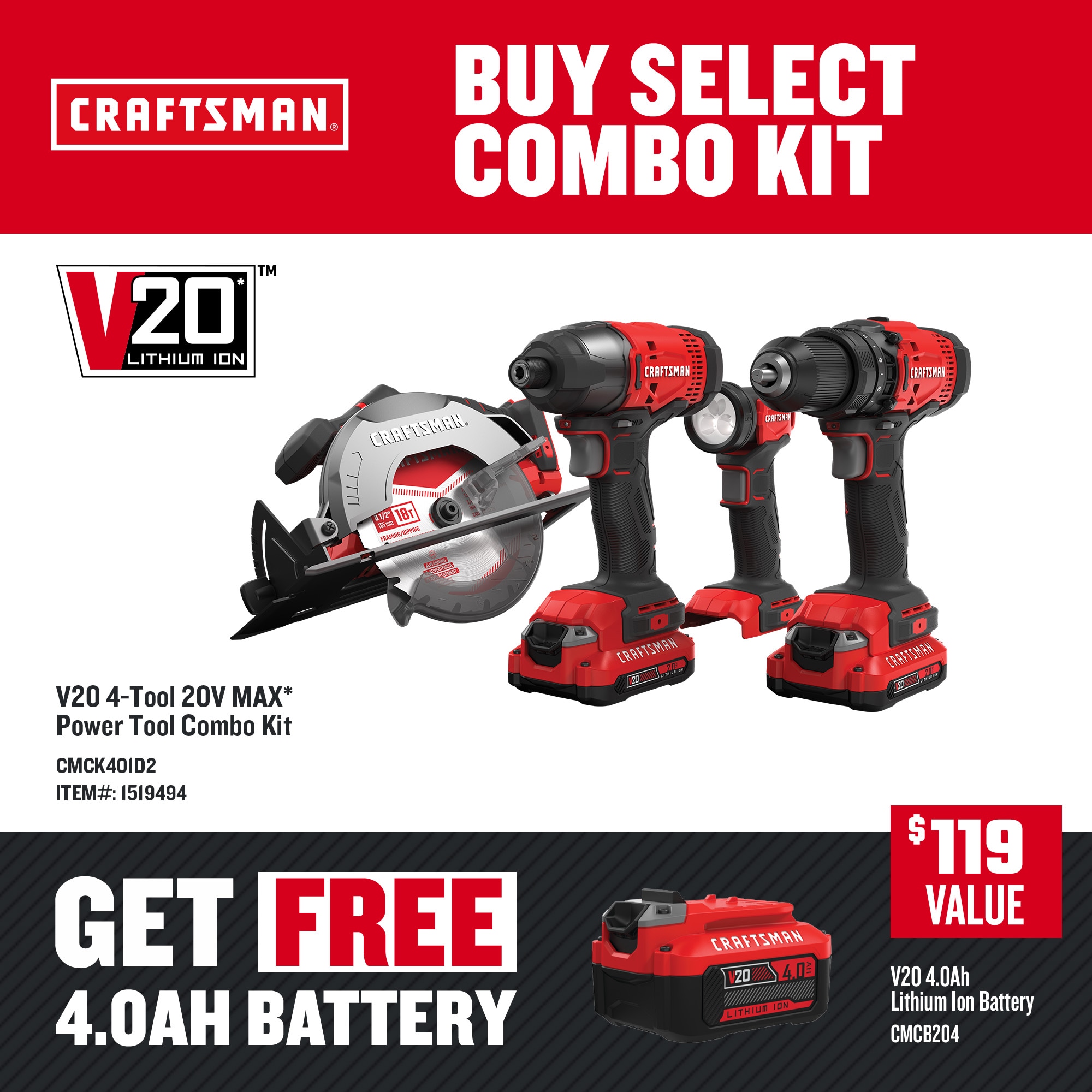CRAFTSMAN V20 4-Tool Power Tool Combo Kit Case (Li-ion Batteries and  Charger Included) in the Power Tool Combo Kits department at