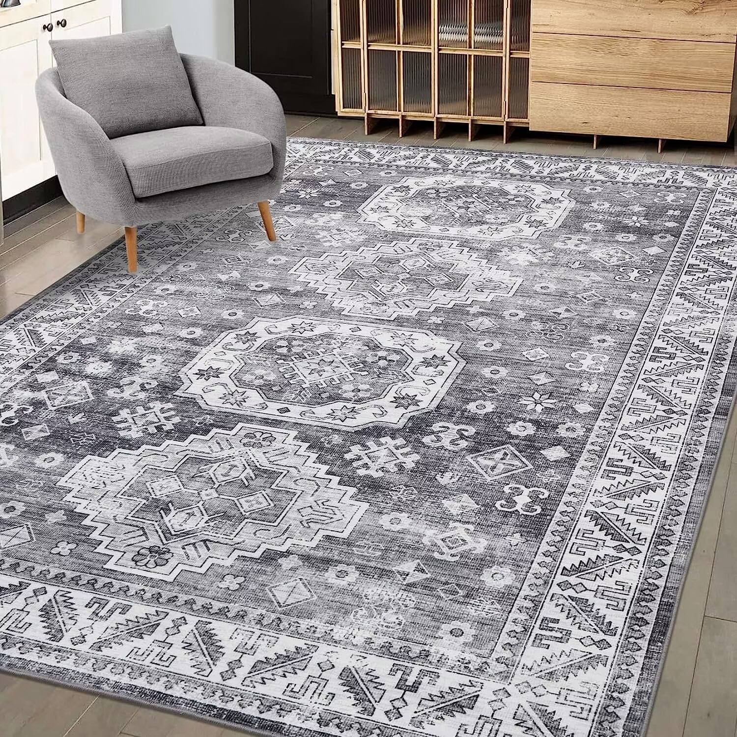 Garvee YXY-LO-PHO-0YJV9GIB 8 x 10 (ft) Polyester Gray Rectangular Indoor Abstract Vintage Machine washable Area rug