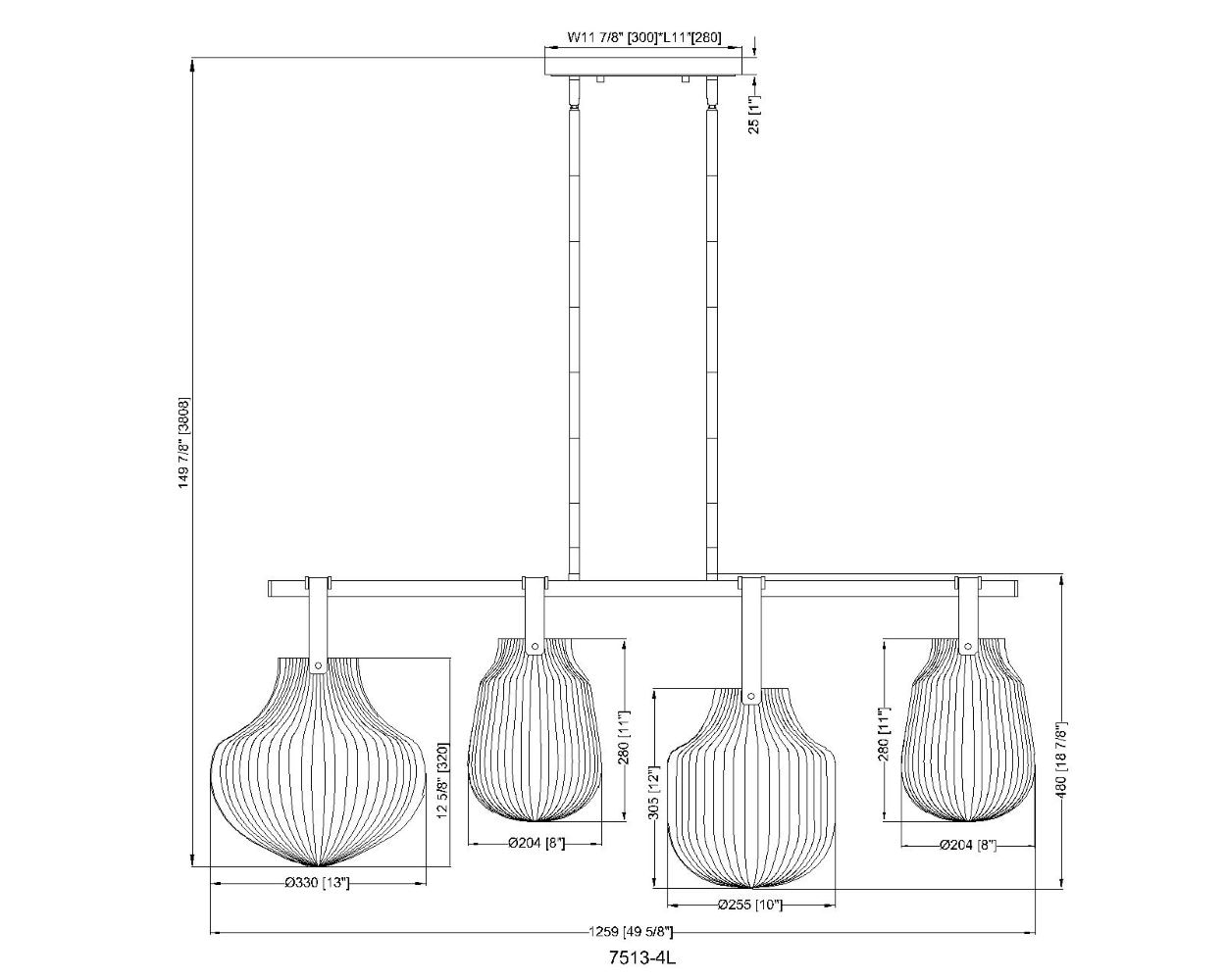 Modern Gold 4-Light Linear Chandelier with Glass Shades
