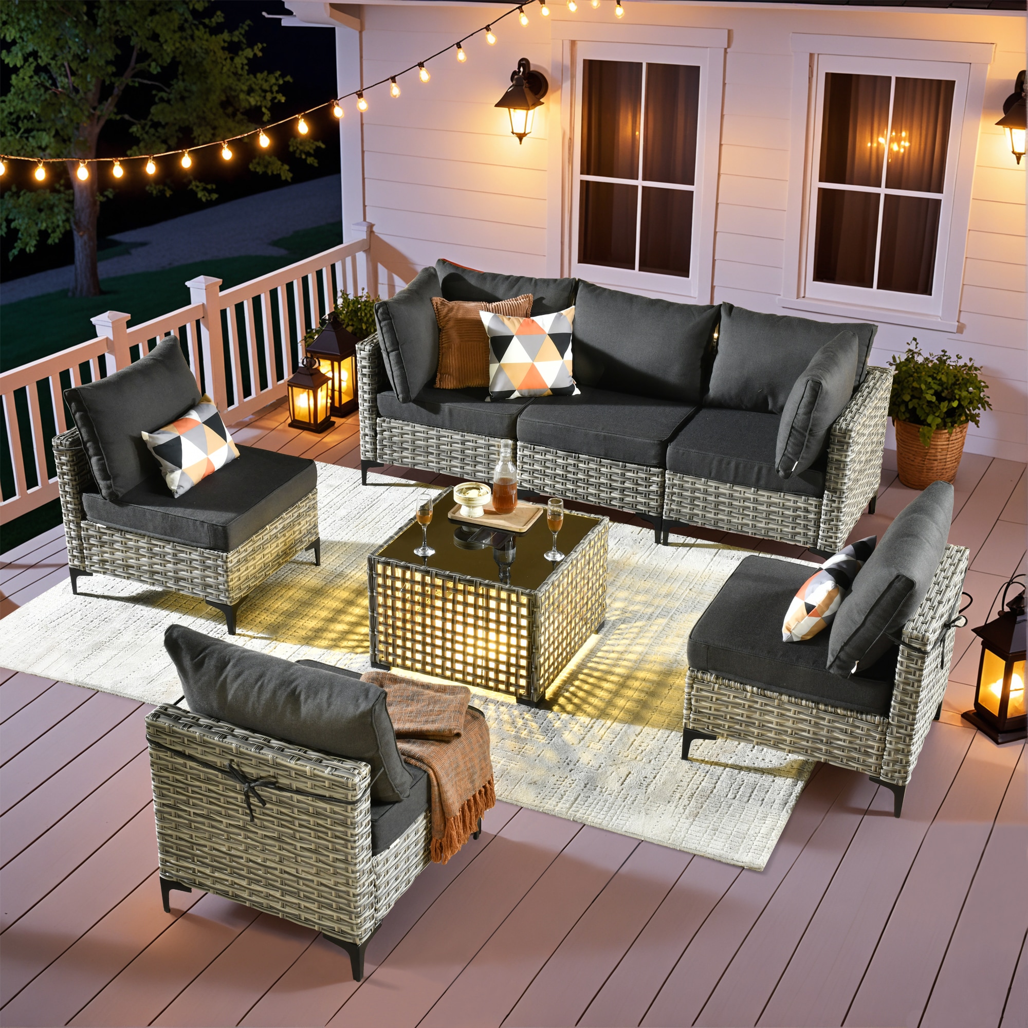 ALTRIGUS 6L-SKT107-AL 7 -Piece Wicker Patio Sofa Conversation Set with Black Cushions