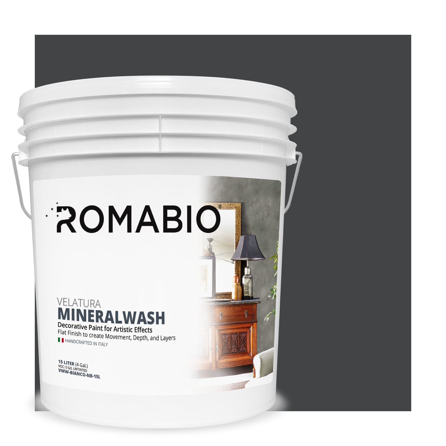 ROMABIO VMW-NVYSTL-NB-15L Flat Velatura Mineralwash Navy Steel Lime Interior Paint Paint + Primer ( 4-gallon )