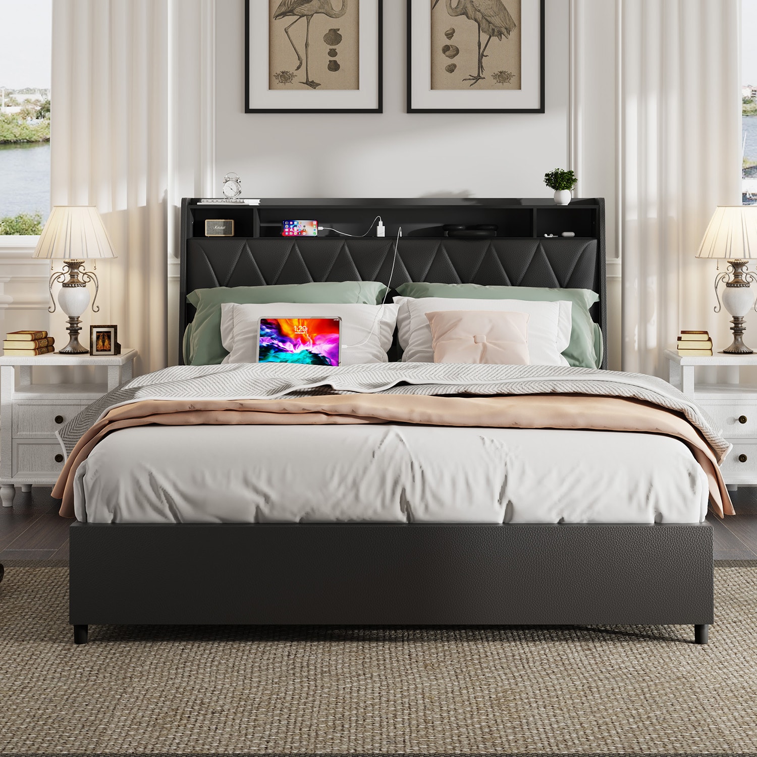 GZMR Queen Size Bed Frame with Ergonomic Headboard Black Queen Wood and metal Bed frame Bed with Storage