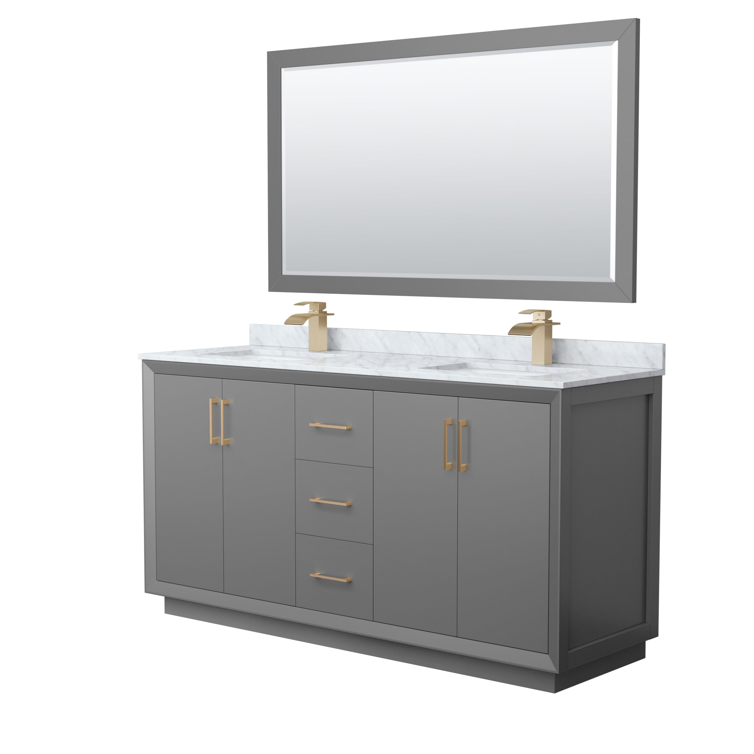 Wyndham Collection WCF414166DGZCMUNSM58 Strada 66-in Dark Gray with Satin Bronze Trim Undermount Double sink Bathroom Vanity with White Carrara marble Natural marble Top (Mirror Included)