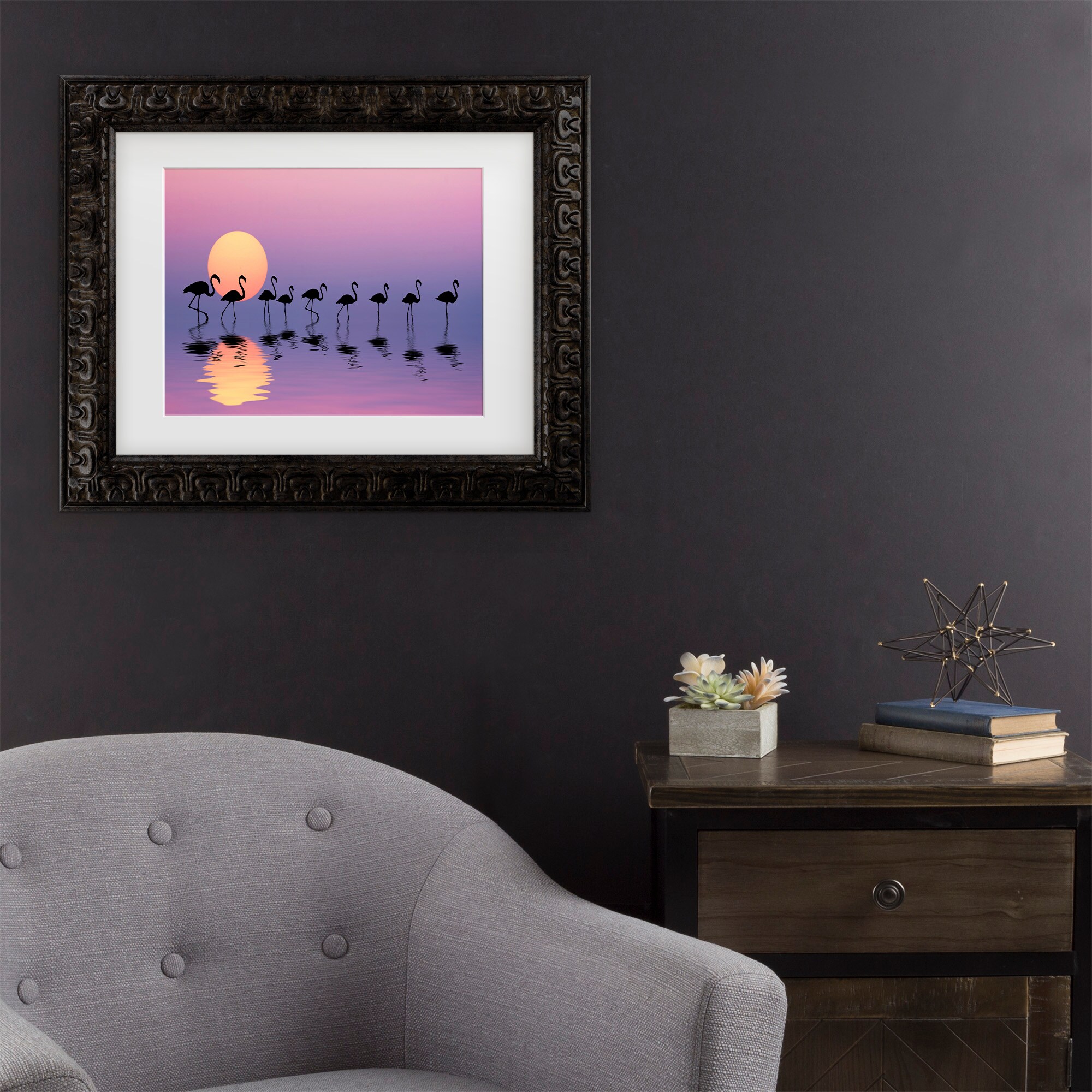 Dark Gold Framed Flamingo Sunset Canvas Print for Kids Nursery
