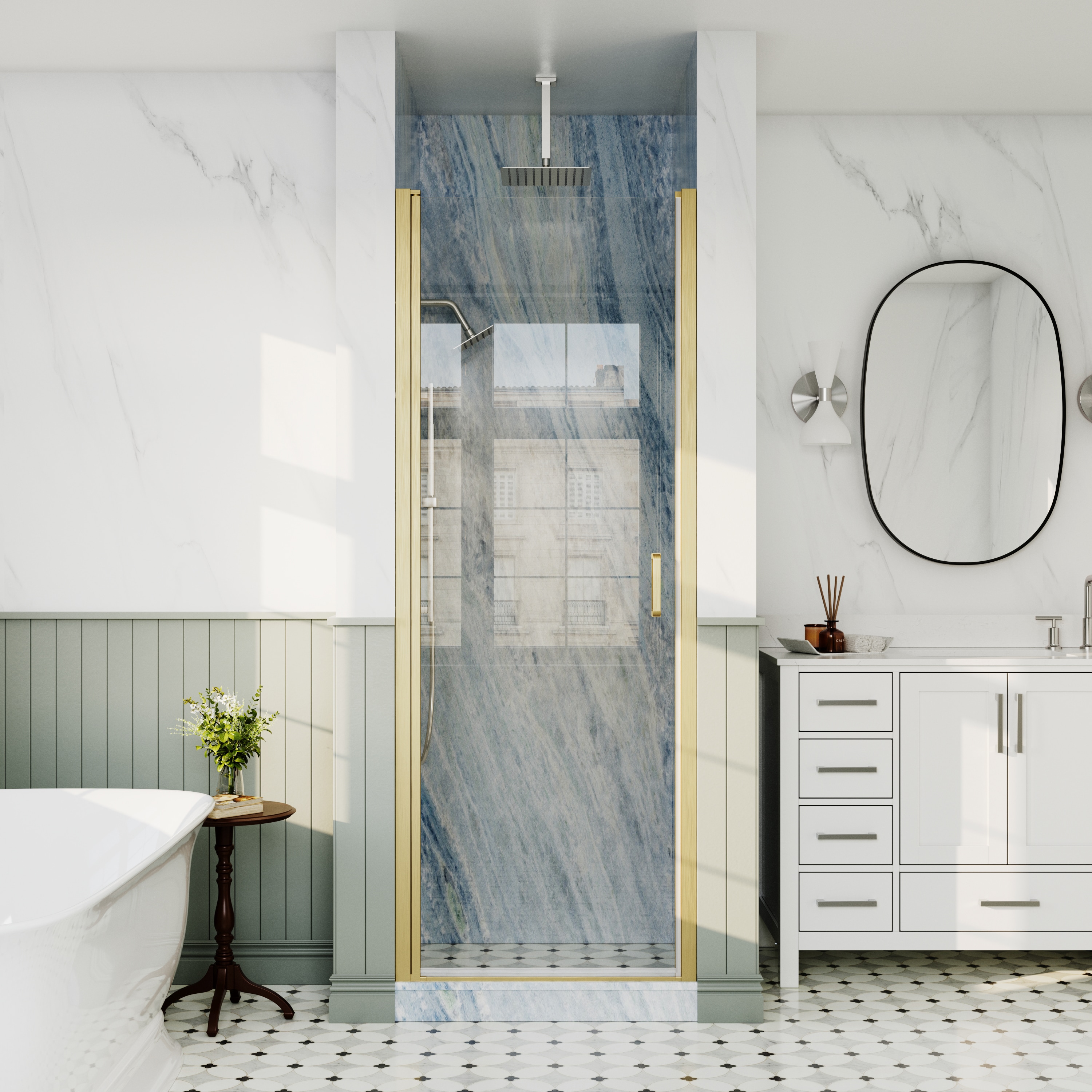 ANGELES HOME  APEX 28-7/16-in to-30-in W x 72-in H Semi-Frameless Pivot Shower Door in Brushed Gold