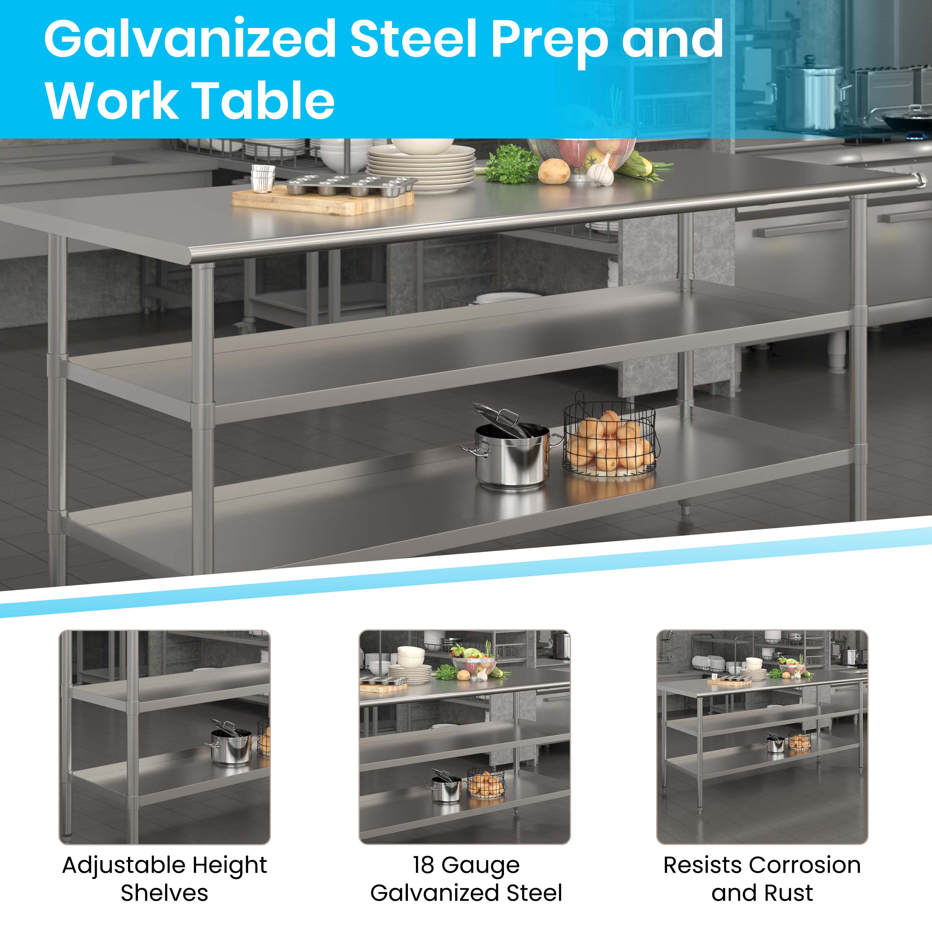 72" Silver Stainless Steel Kitchen Work Table with Adjustable Shelves